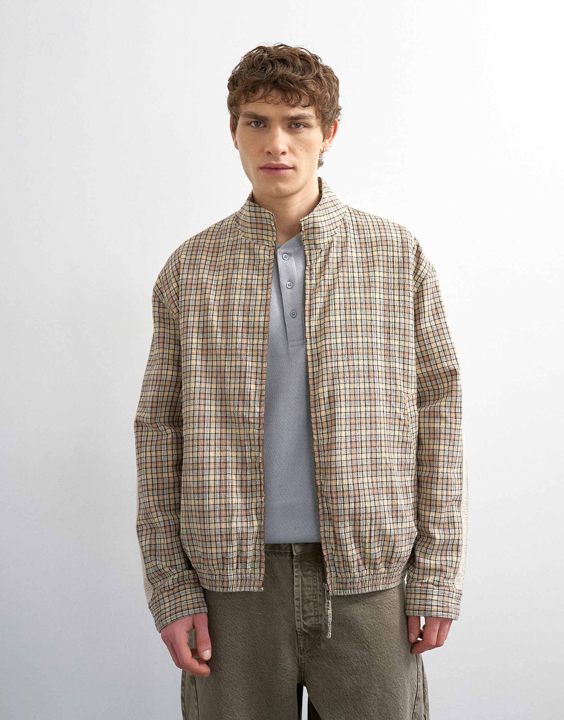 Topman textured plaid harrington jacket in brown