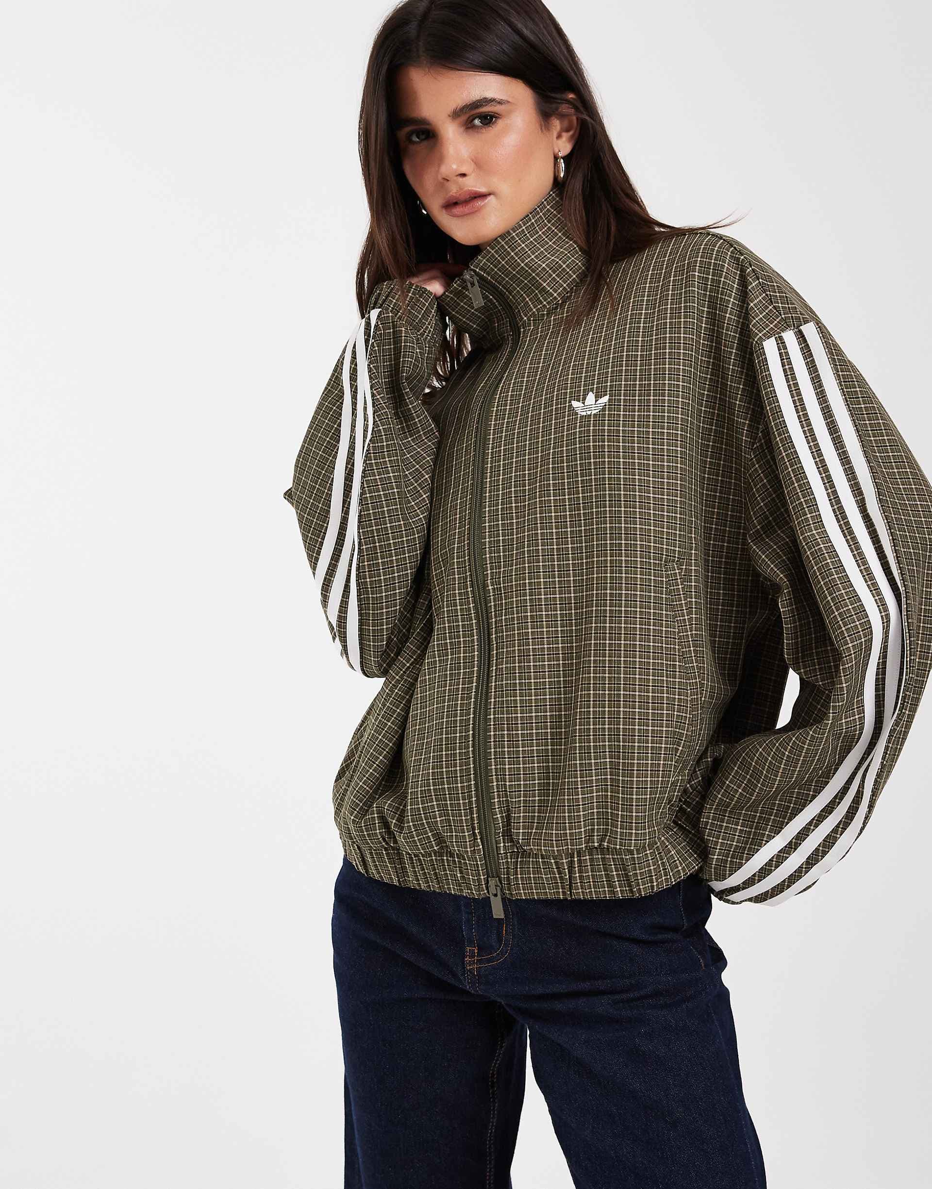 adidas Originals funnel neck track top in khaki check