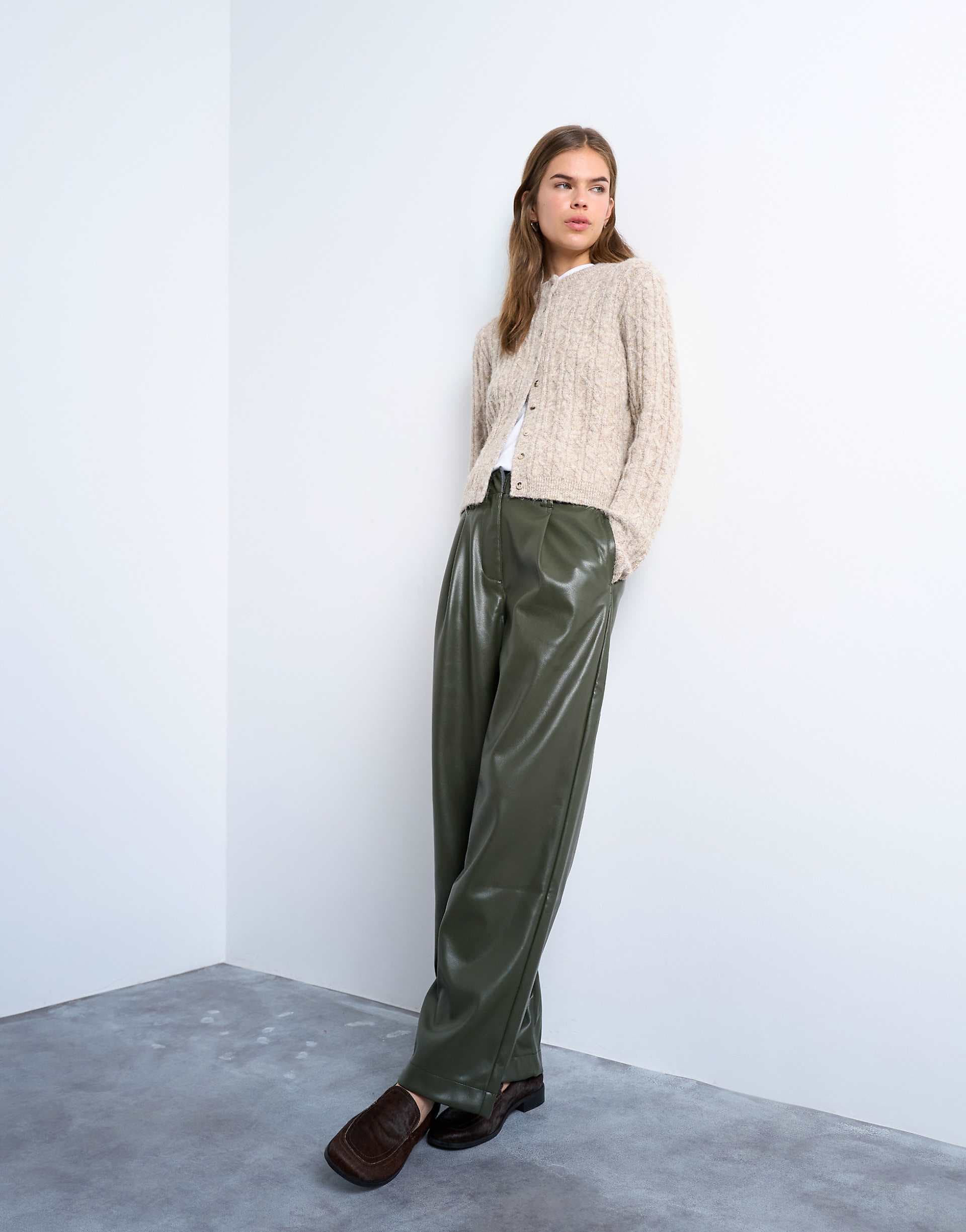 Topshop faux leather high waist pleated straight leg pants in khaki green