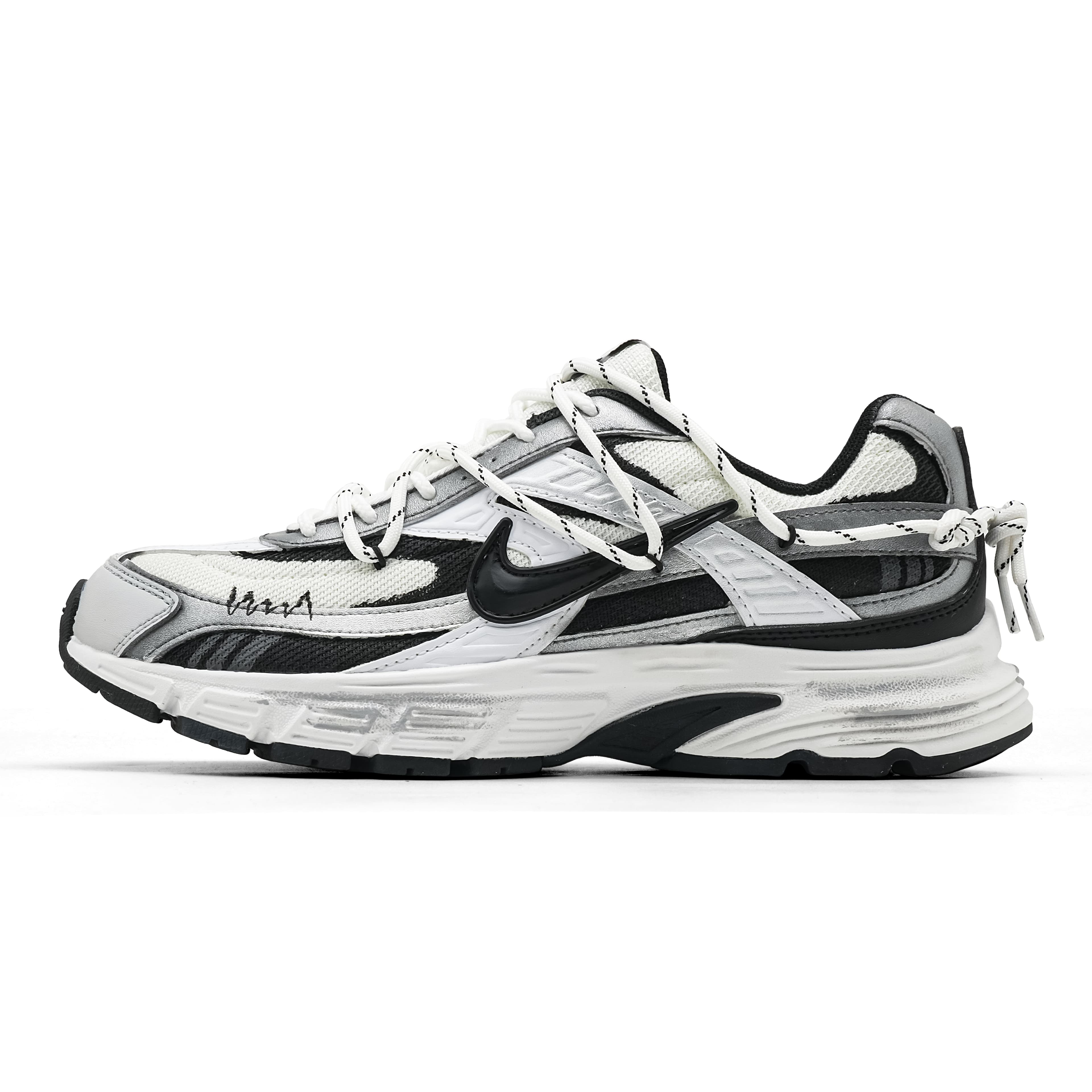 Custom Sneakers Nike Initiator Night Voyage Footprint Creation Mesh Synthetic Leather Stain-Resistant Thick Sole Height Increase Fashion Black White Trend Running Shoes Wrap Support Cushion Slip-Resistant Wear-Resistant Low-Top Casual Shoes Unisex