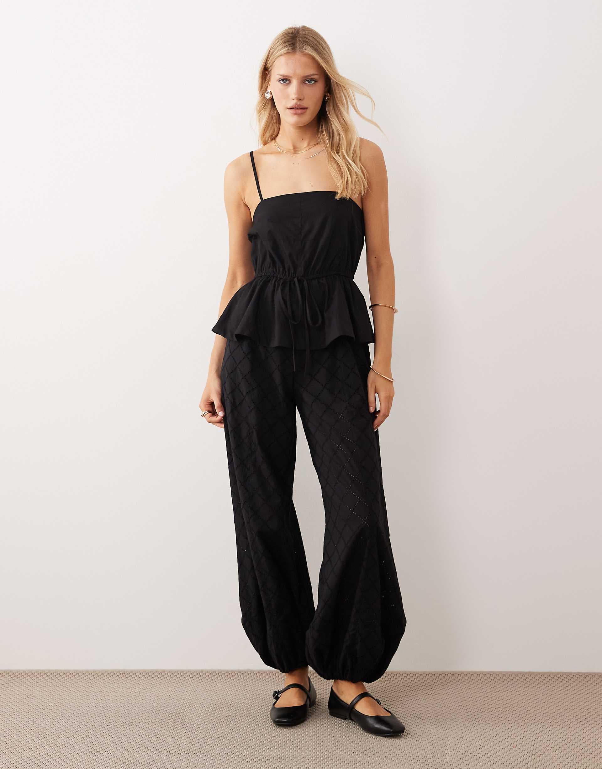 ASOS DESIGN cami peplum waist jumpsuit with embroidered pants in black