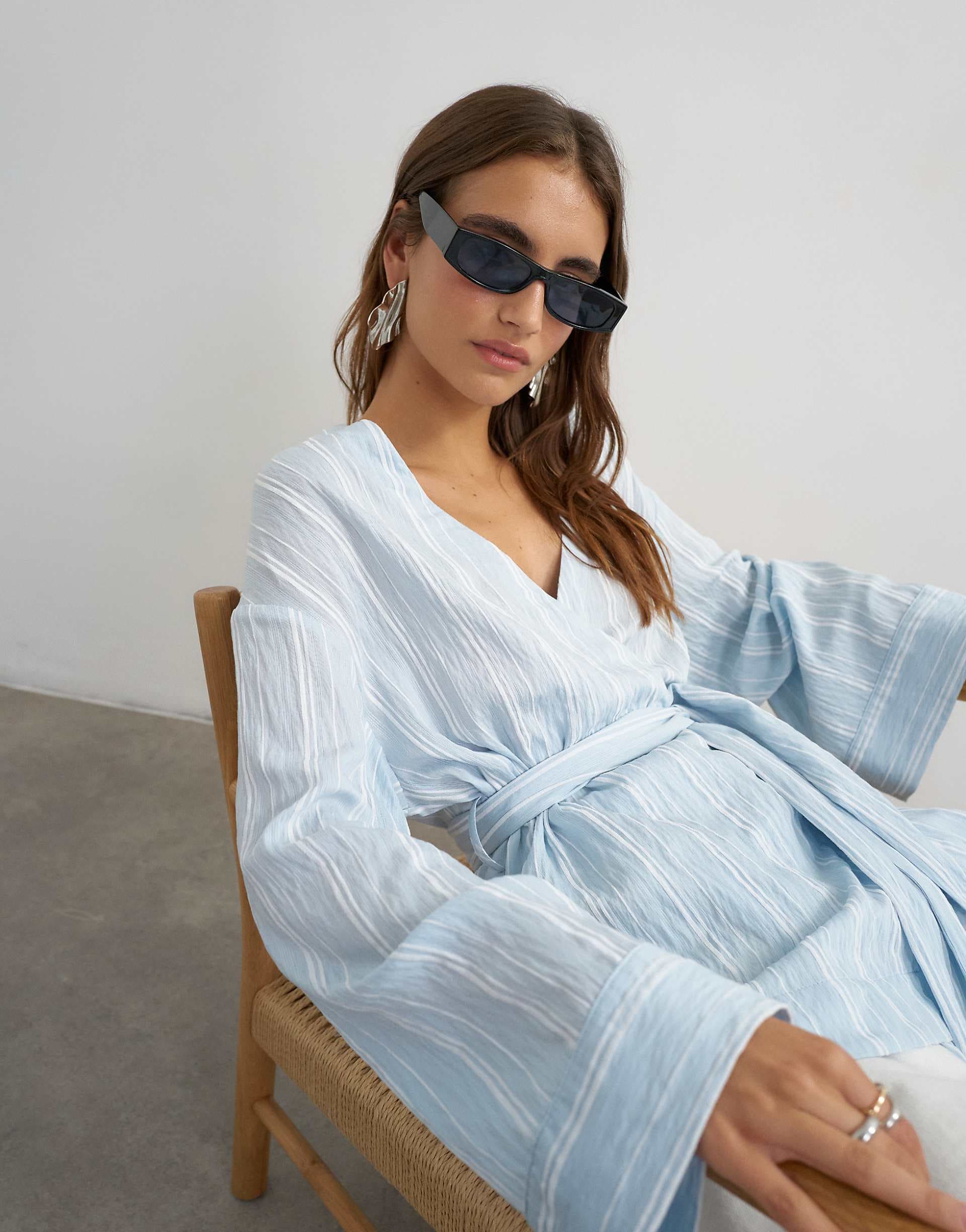 Topshop wrap tie detail top in blue stripe