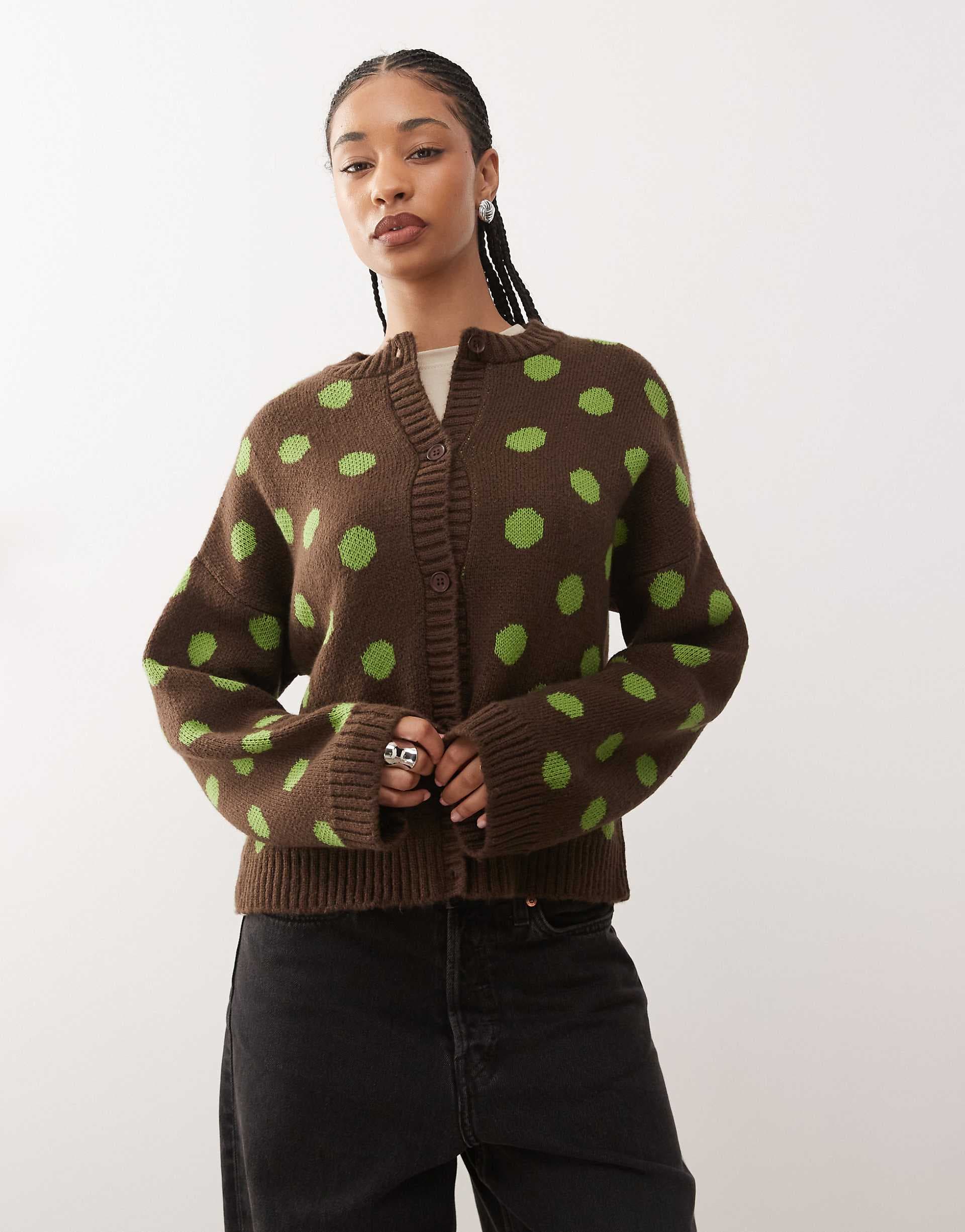 Reclaimed Vintage boxy cardigan in brown and green polka dot print
