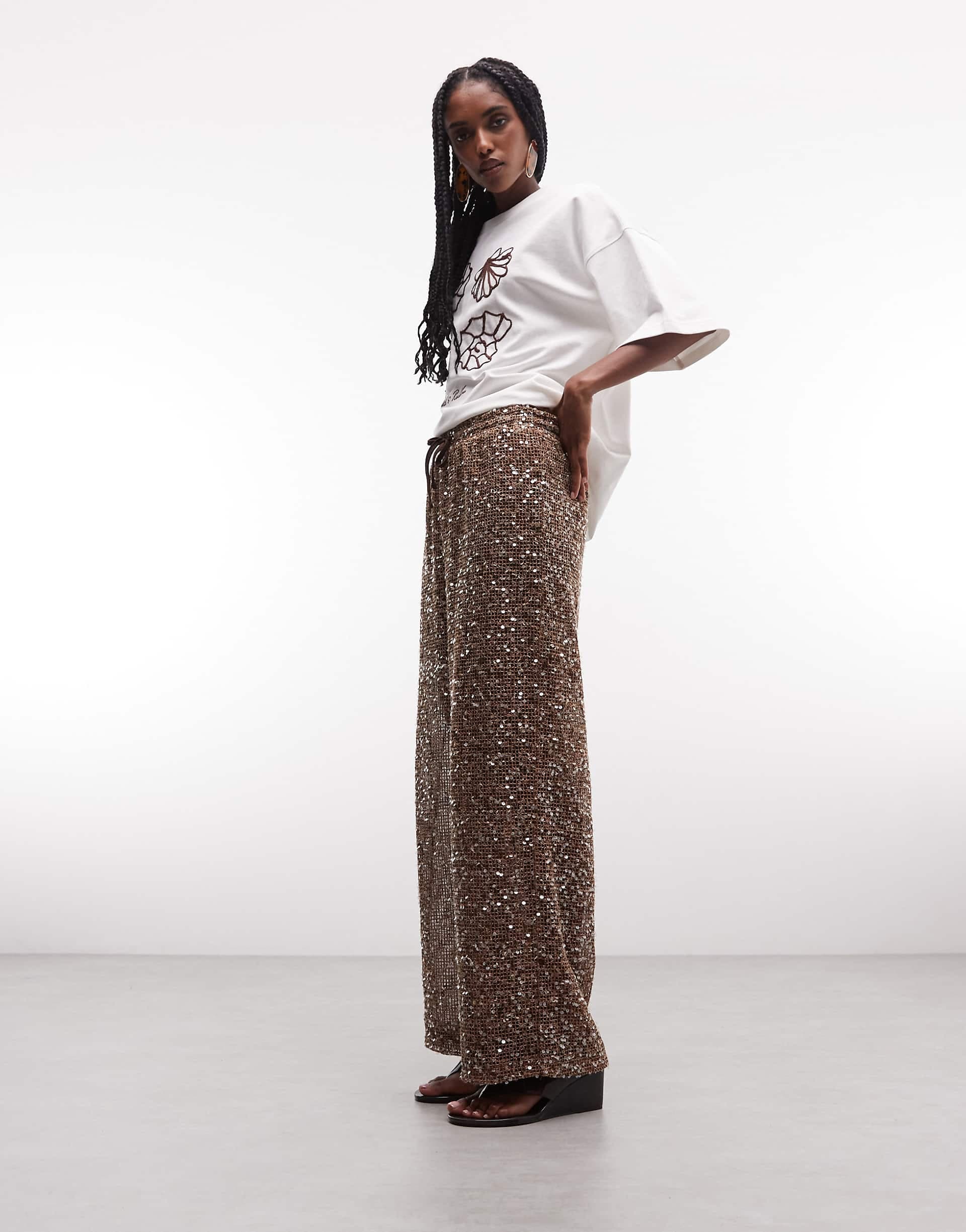 ASOS DESIGN sheer crochet sequin wide leg pants in brown