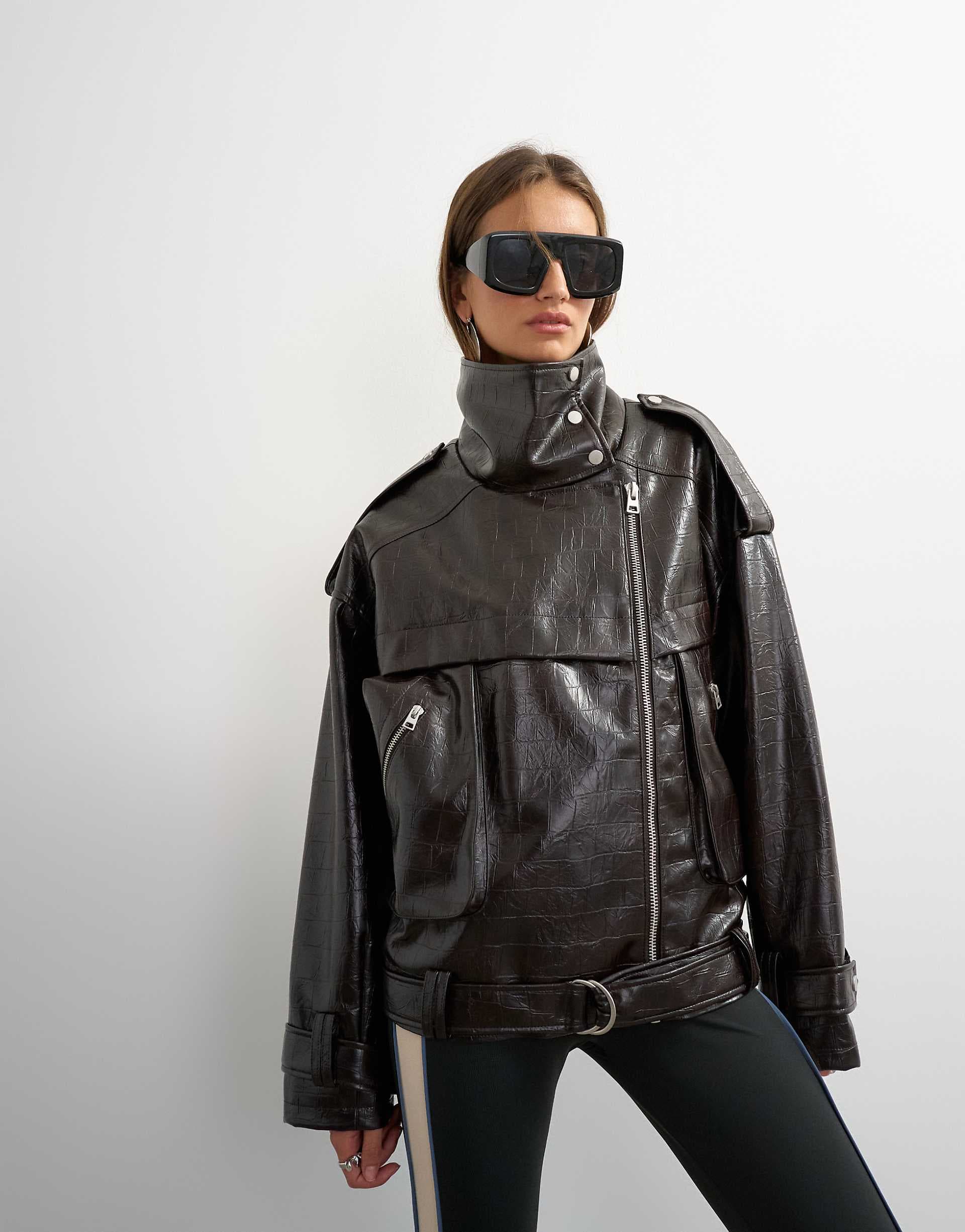 Topshop faux croc leather fold funnel moto jacket in chocolate