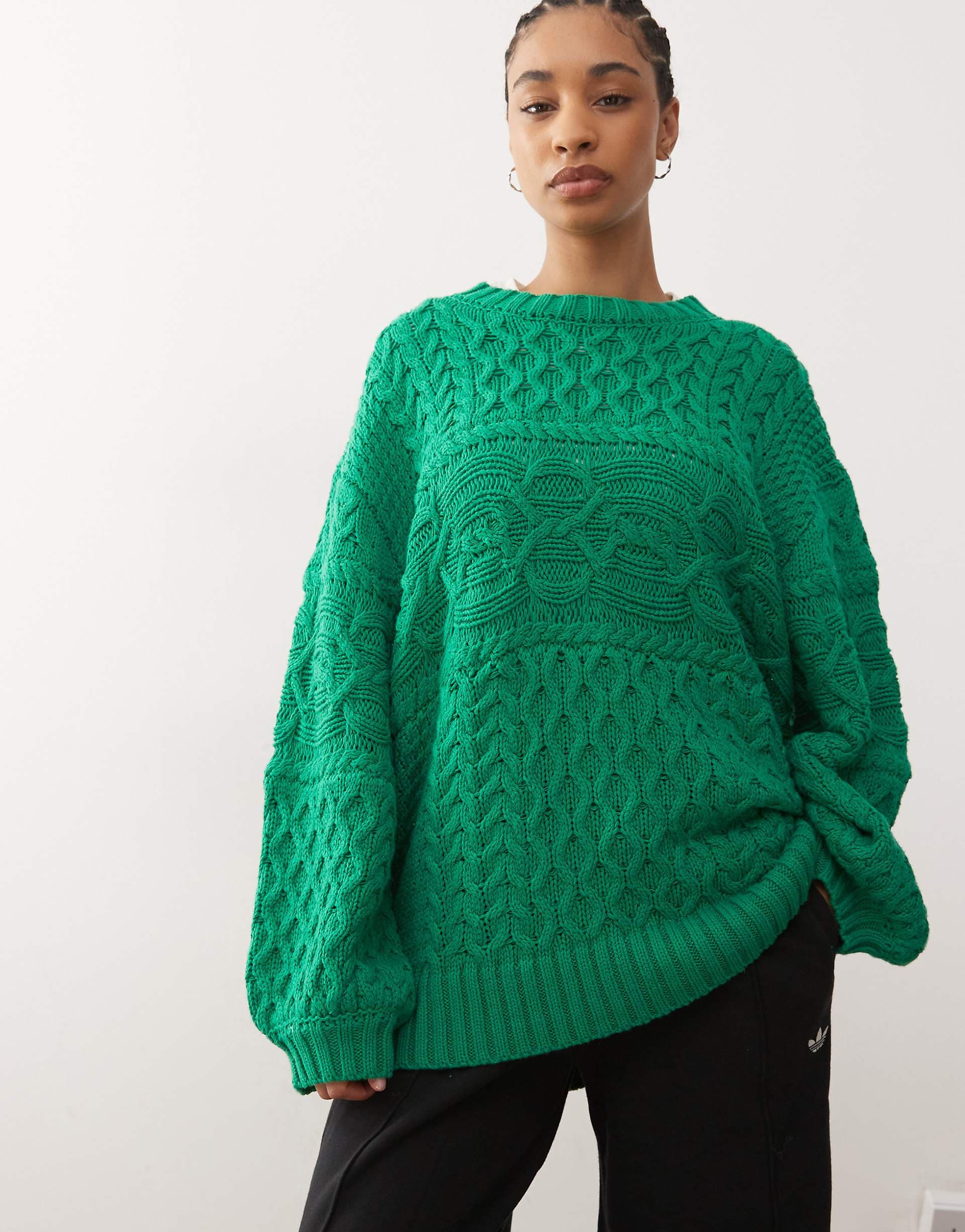COLLUSION oversized heavyweight washed cable knit sweater in green