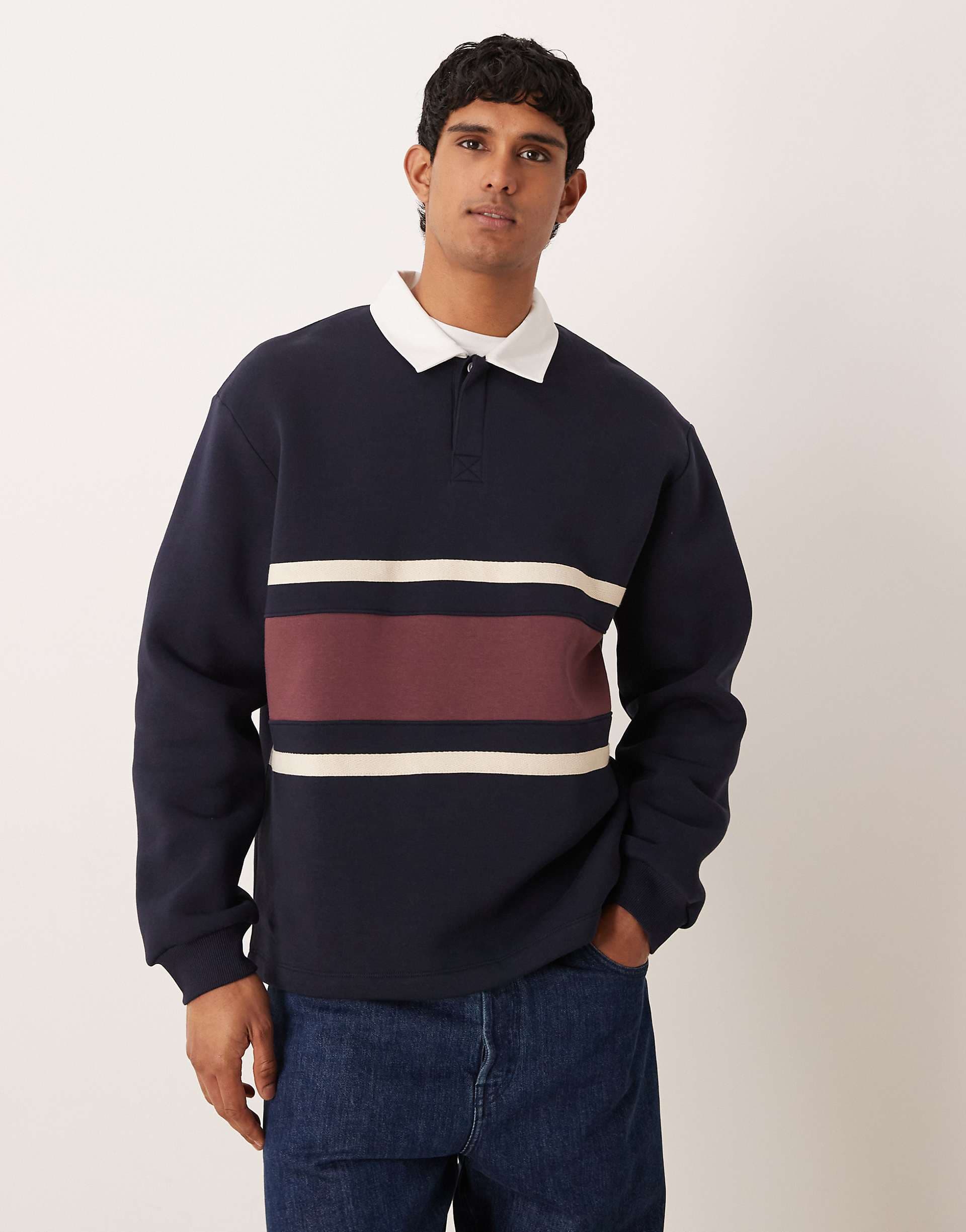 ASOS DESIGN relaxed rugby polo sweatshirt with cut & sew paneling in navy