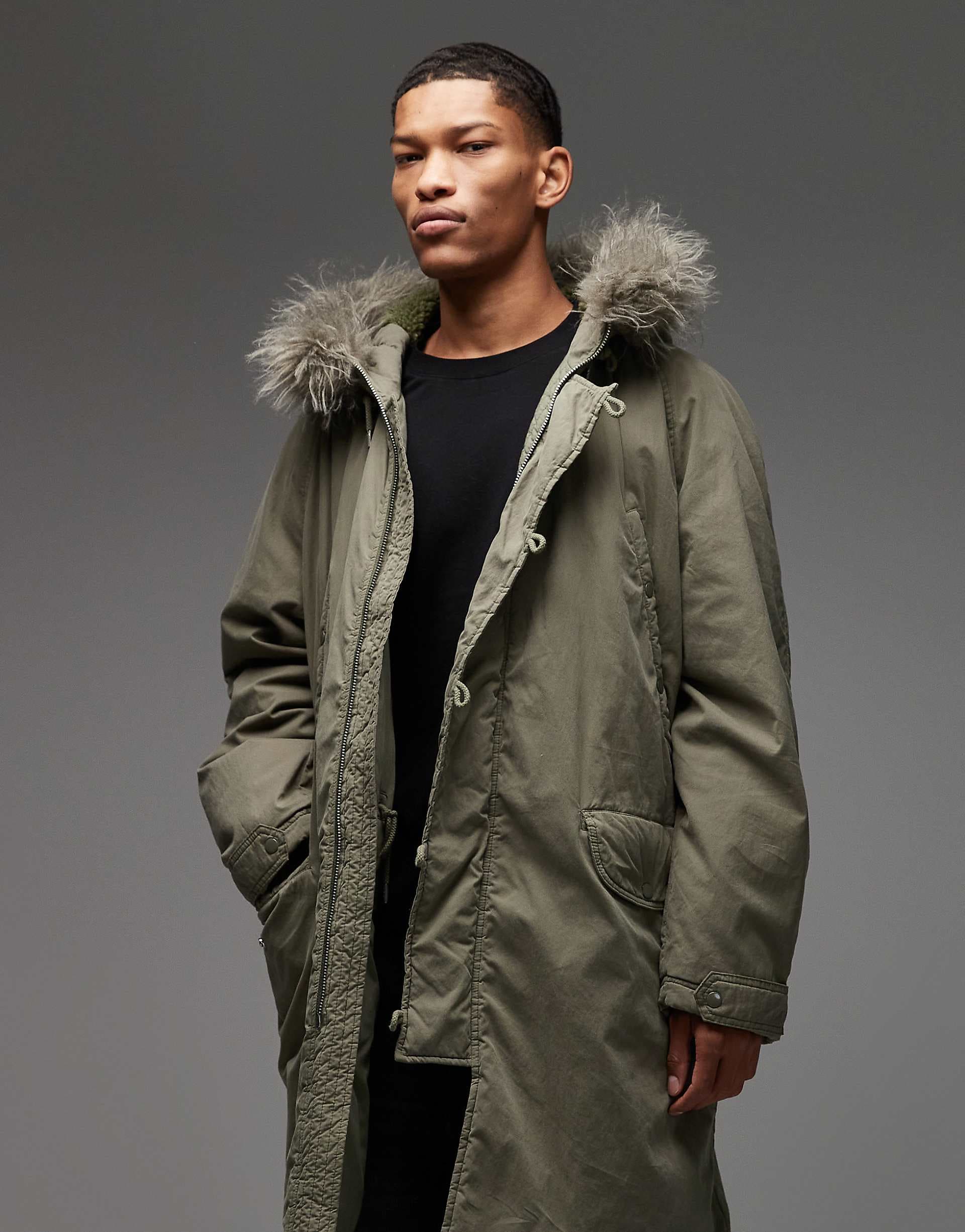 COLLUSION faux fur lined longline parka in khaki green