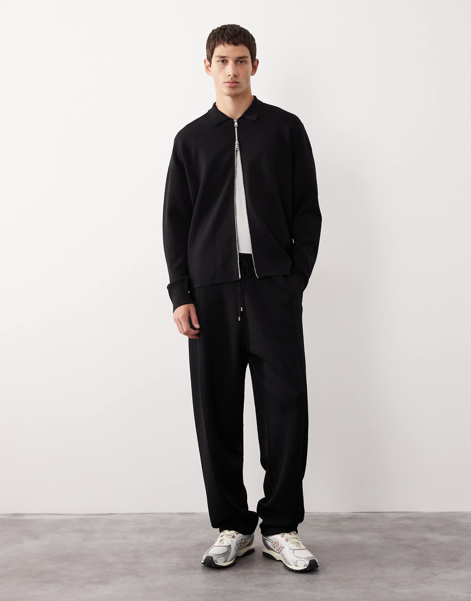 ASOS COLLECTIVE relaxed compact knit zip through cardigan in black - part of a set