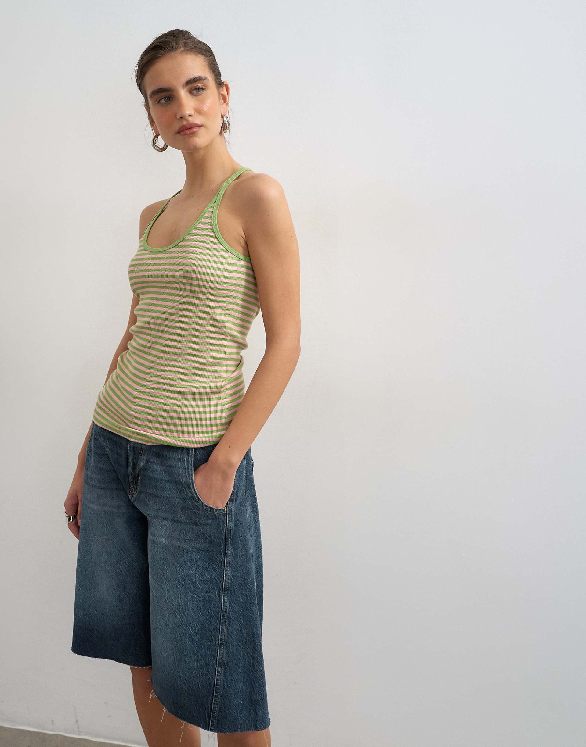 Topshop spaghetti strap scoop neck racer back tank top in pink and green stripes