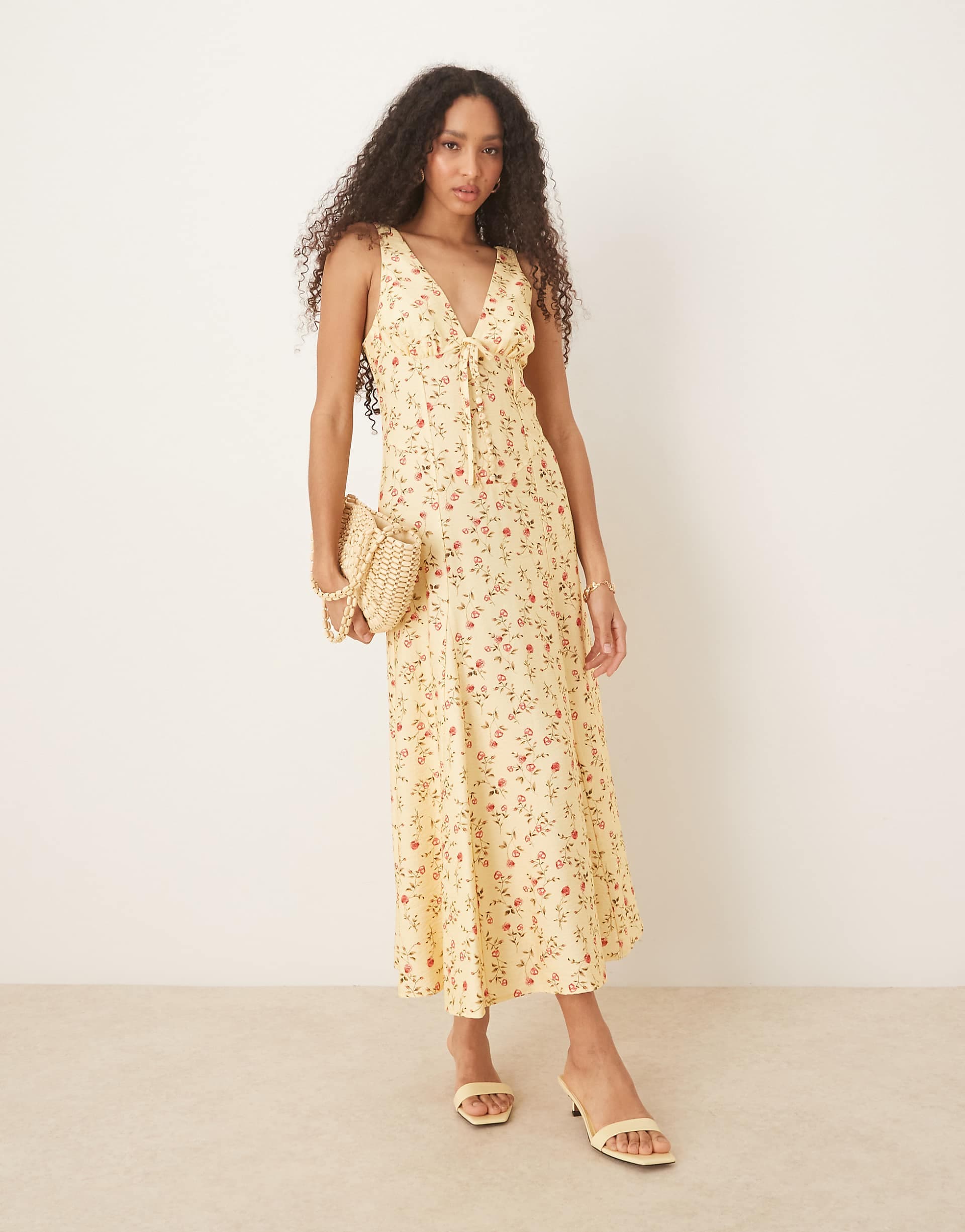 ASOS DESIGN button front sleeveless maxi dress in yellow ditsy print