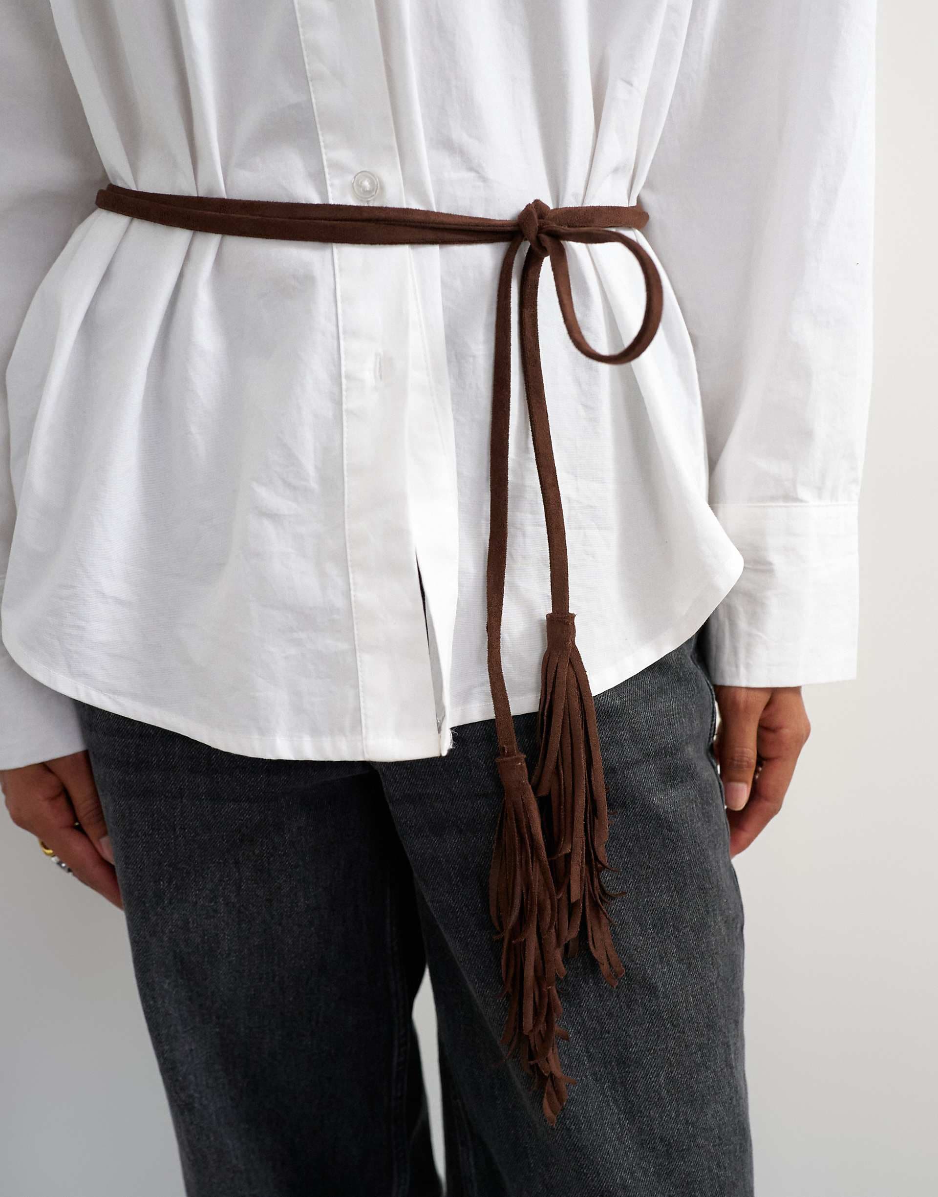 Topshop fringed cord suedette belt in chocolate