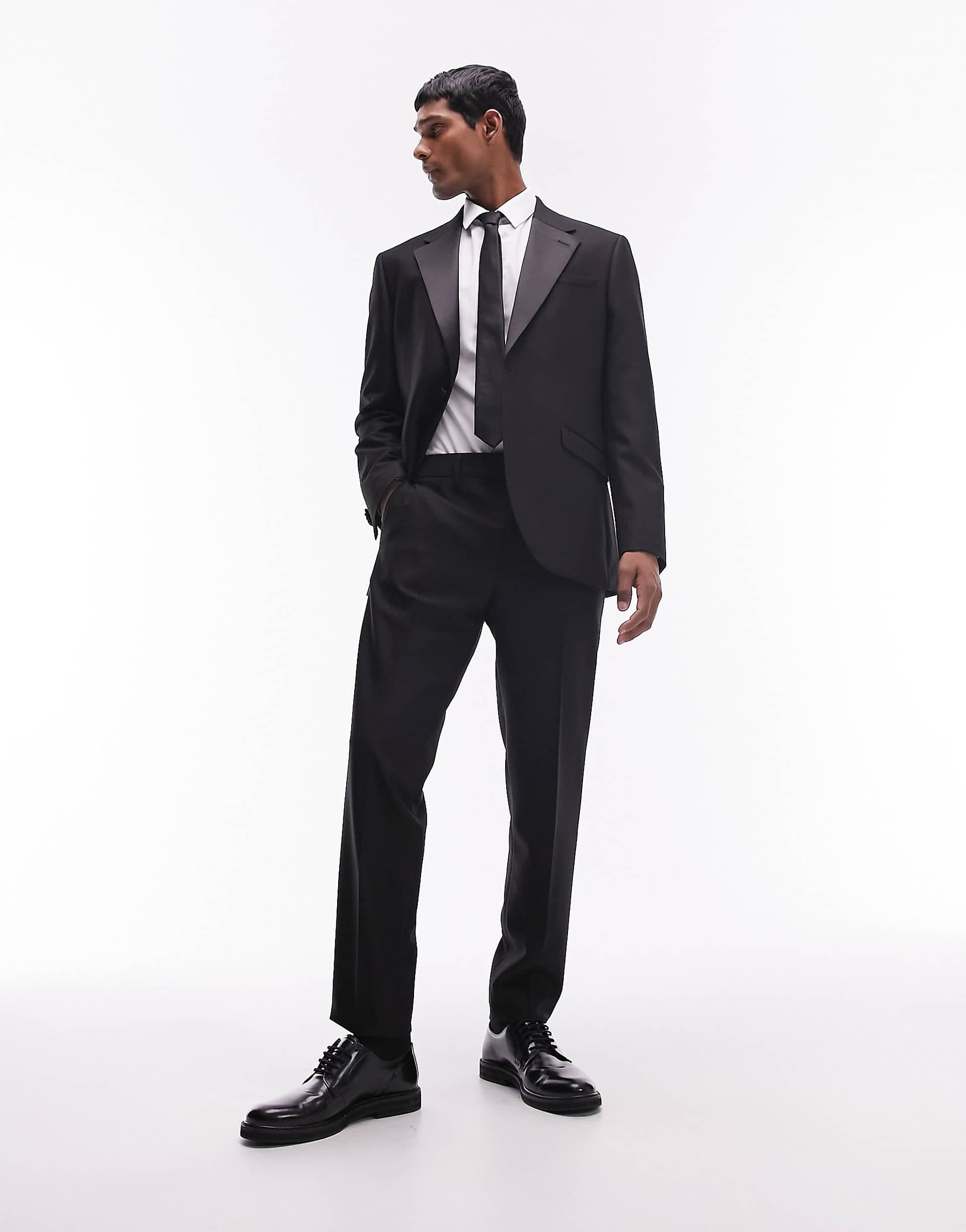 Topman slim tux suit pants with tonal sateen side stripe in black