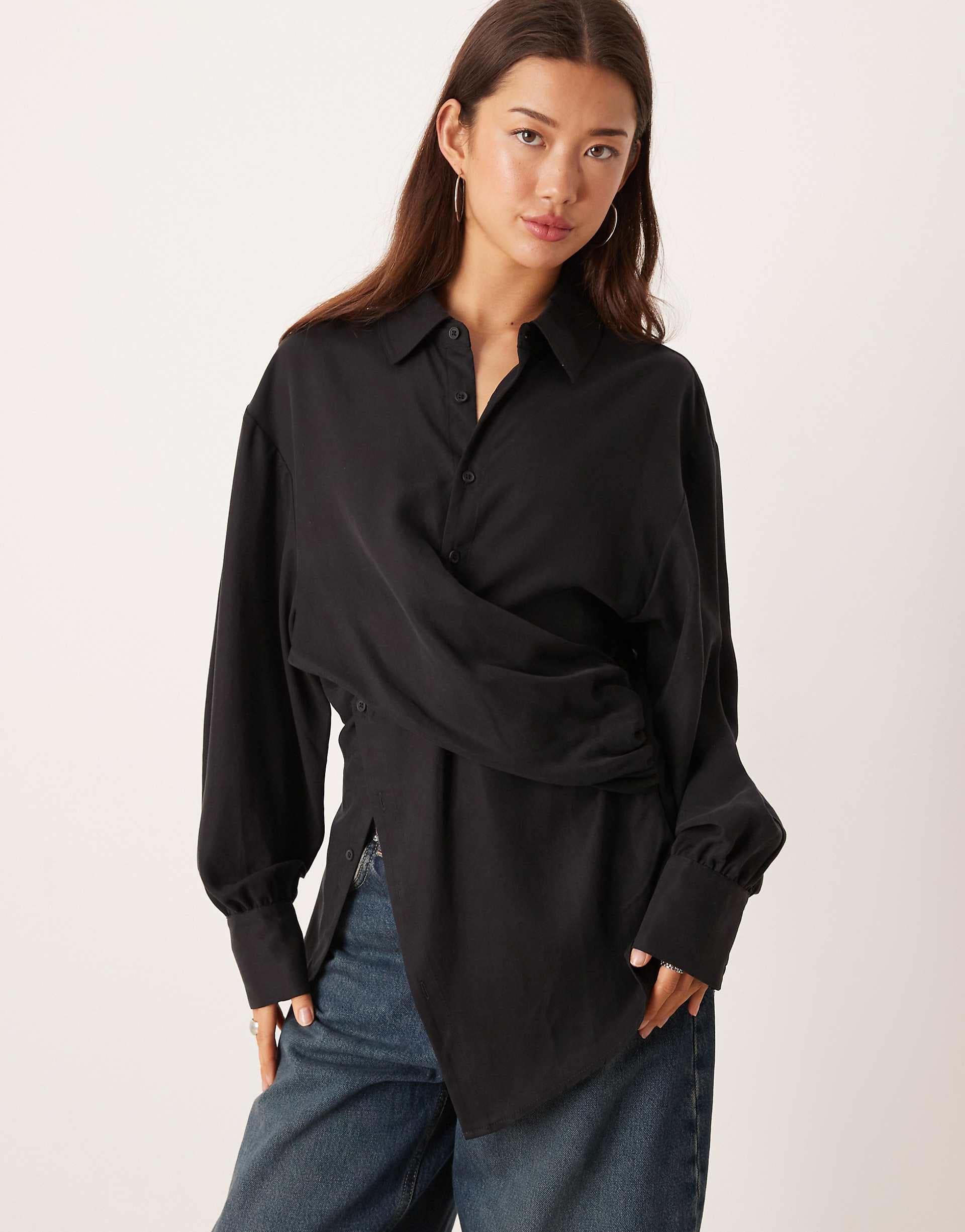 ASOS DESIGN wrap over cinched waist shirt in washed black