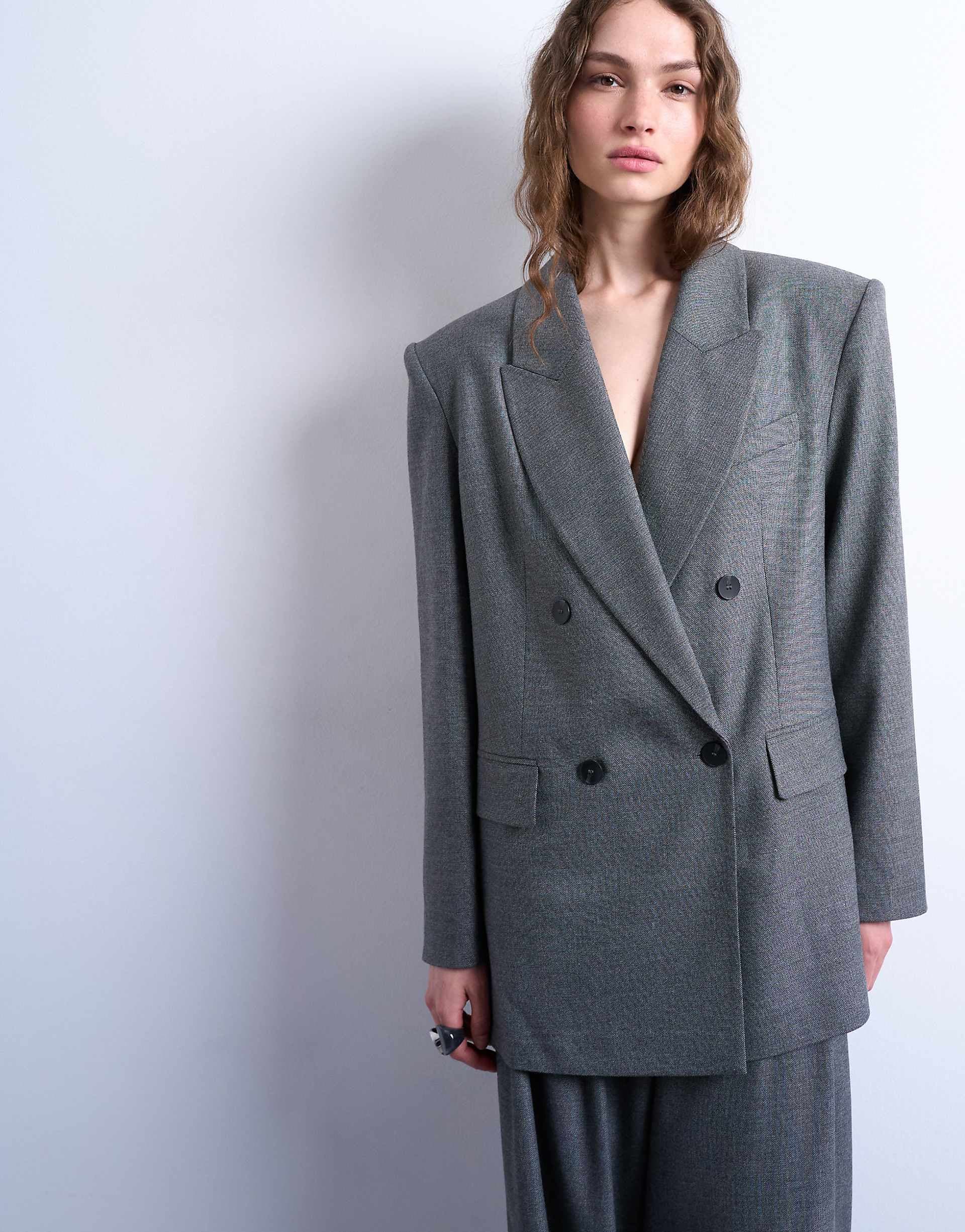 Topshop 80s double breasted oversized blazer in gray