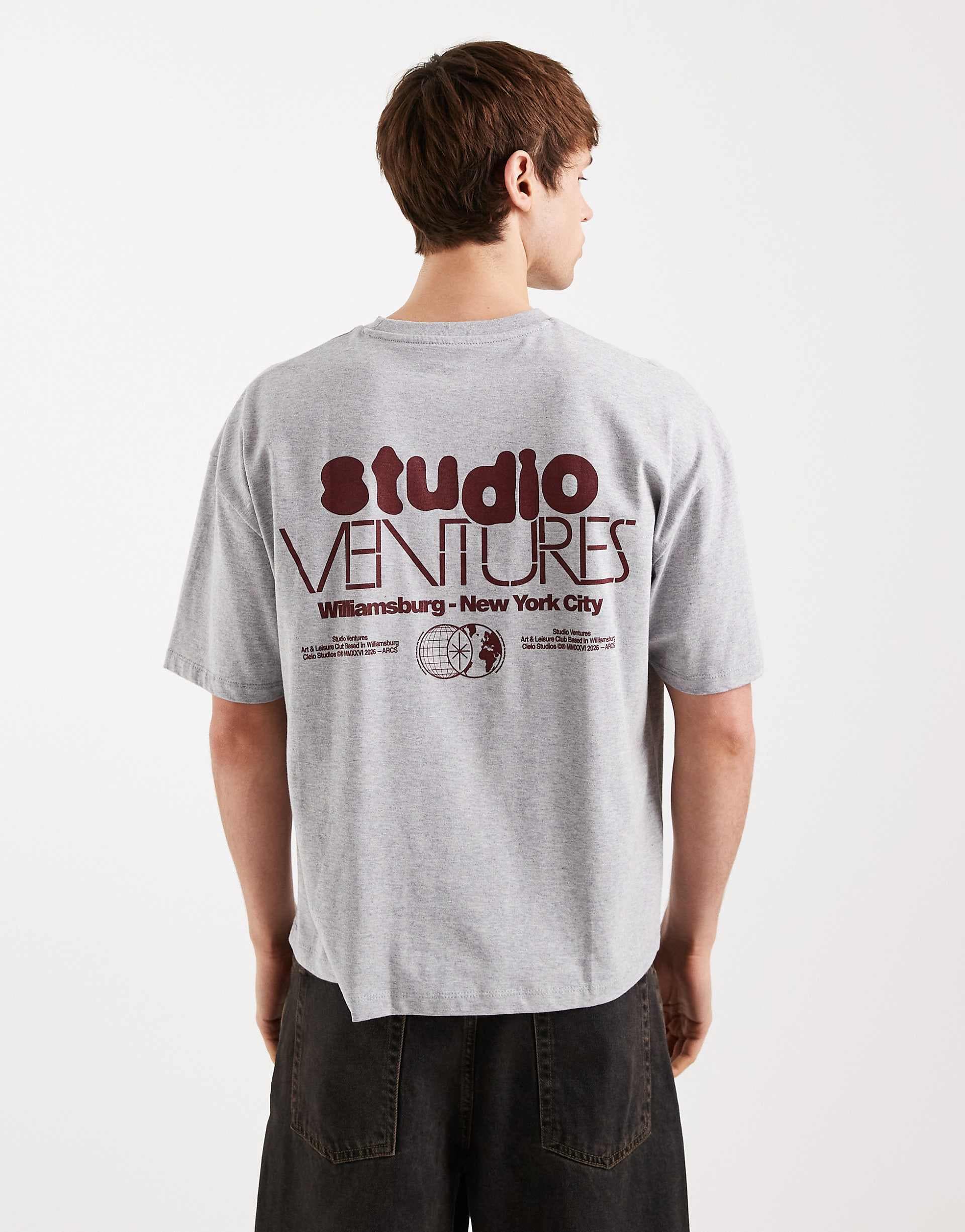 ASOS DESIGN boxy oversized T-shirt with text graphic in gray heather