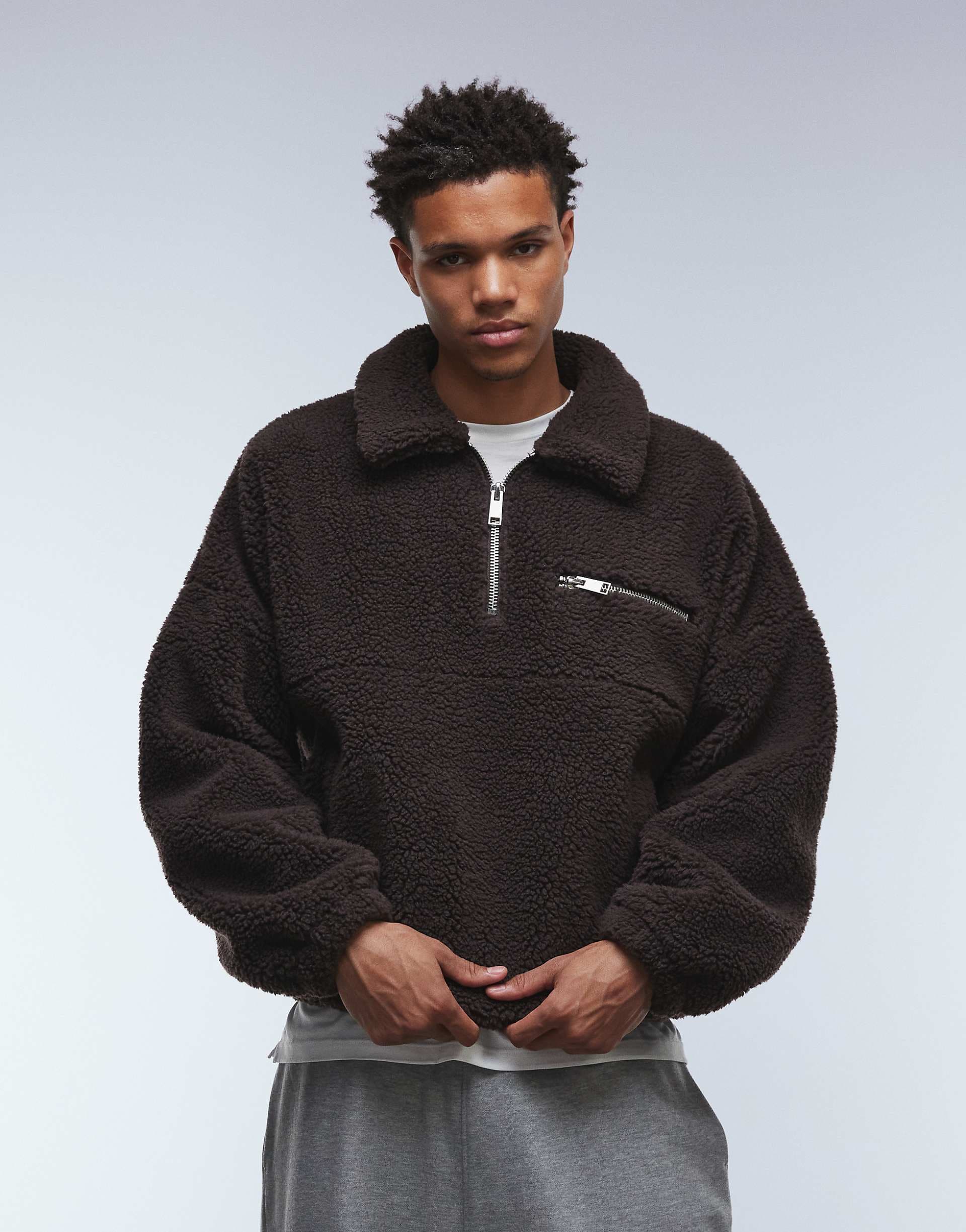 ASOS DESIGN extreme oversized boxy quarter zip borg sweatshirt with drop shoulder and collar in brown