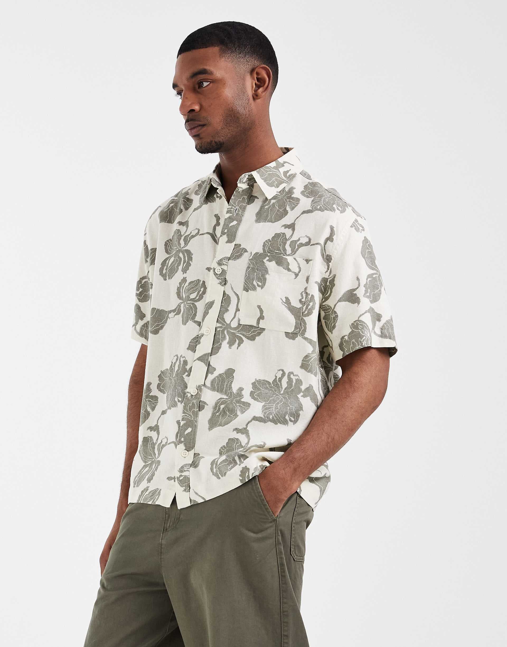ASOS DESIGN relaxed linen blend shirt with floral print in cream