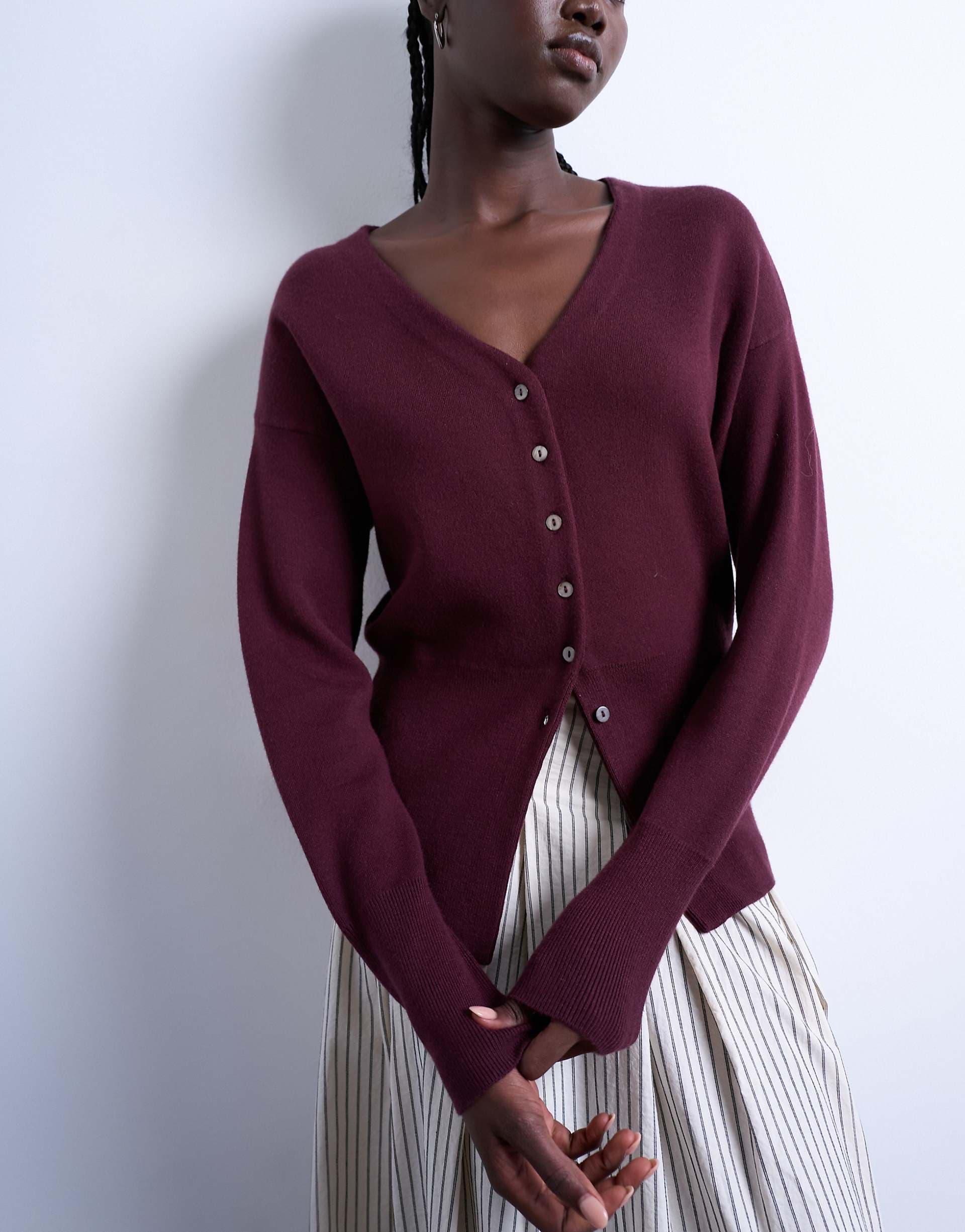 Topshop knit V-neck longline compact fitted waist cardigan in plum