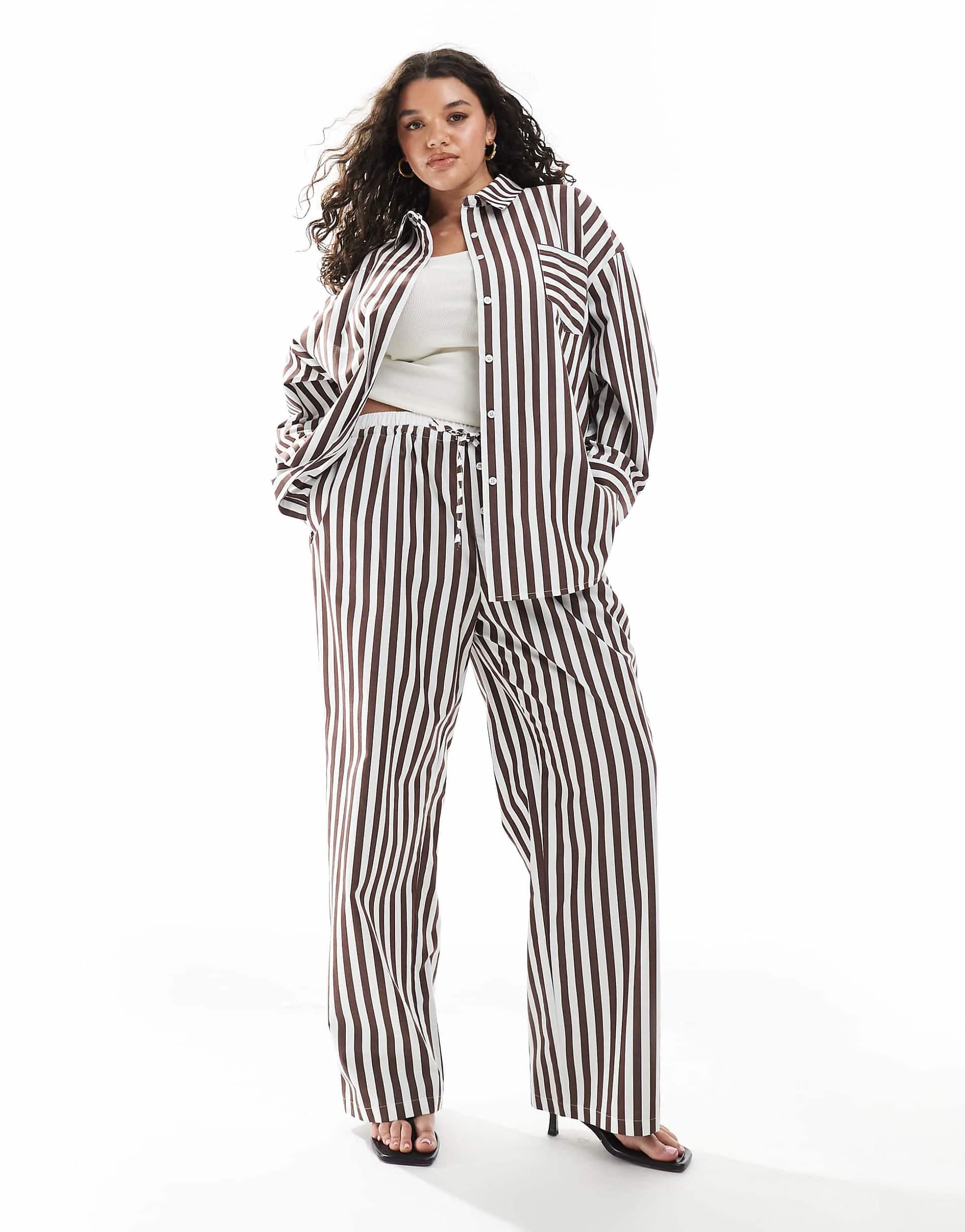 4th & Reckless Plus cotton wide leg boxer detail tie waist pants in brown stripe - part of a set
