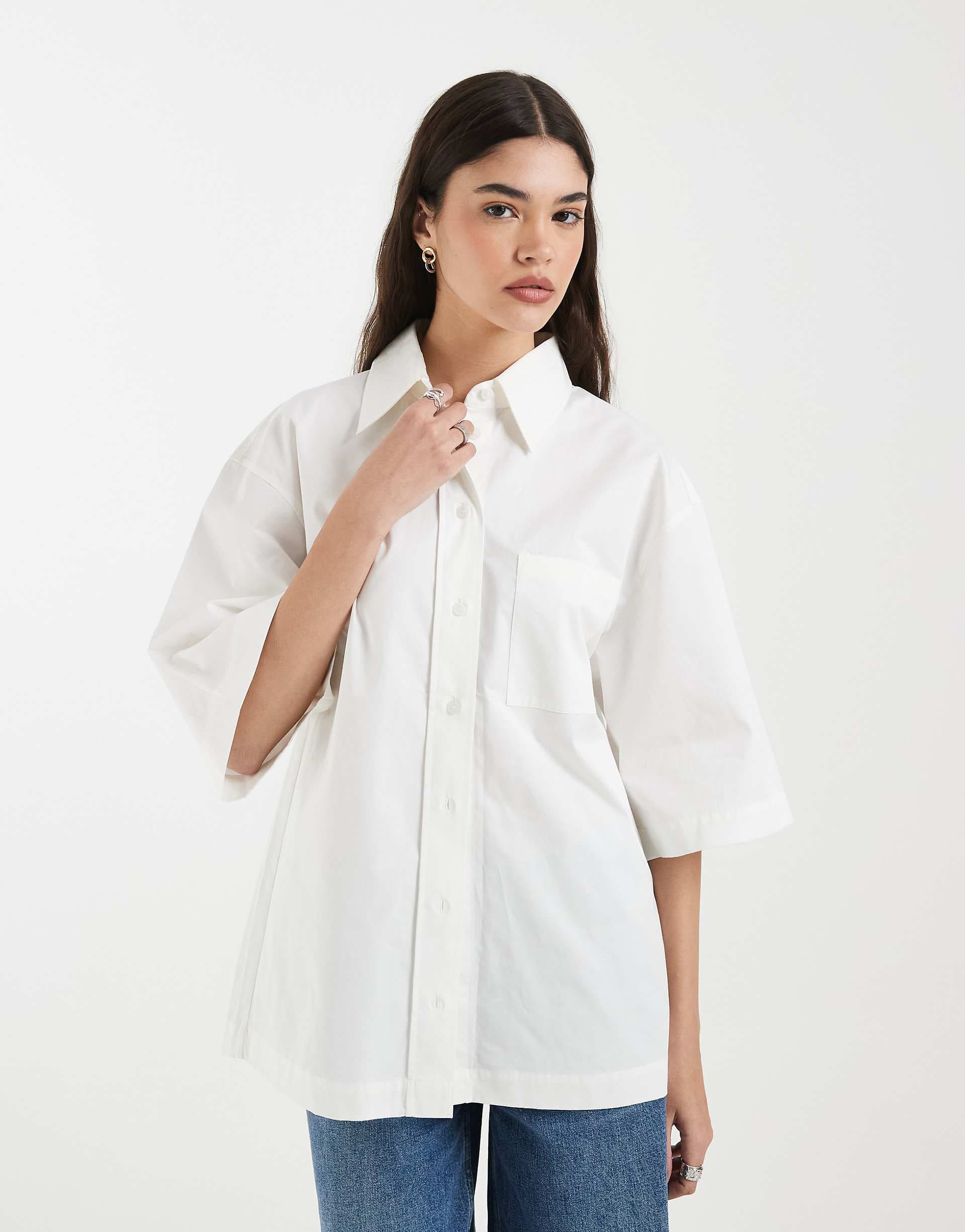 & Other Stories pure cotton short sleeve oversized resort shirt with front pockets in white