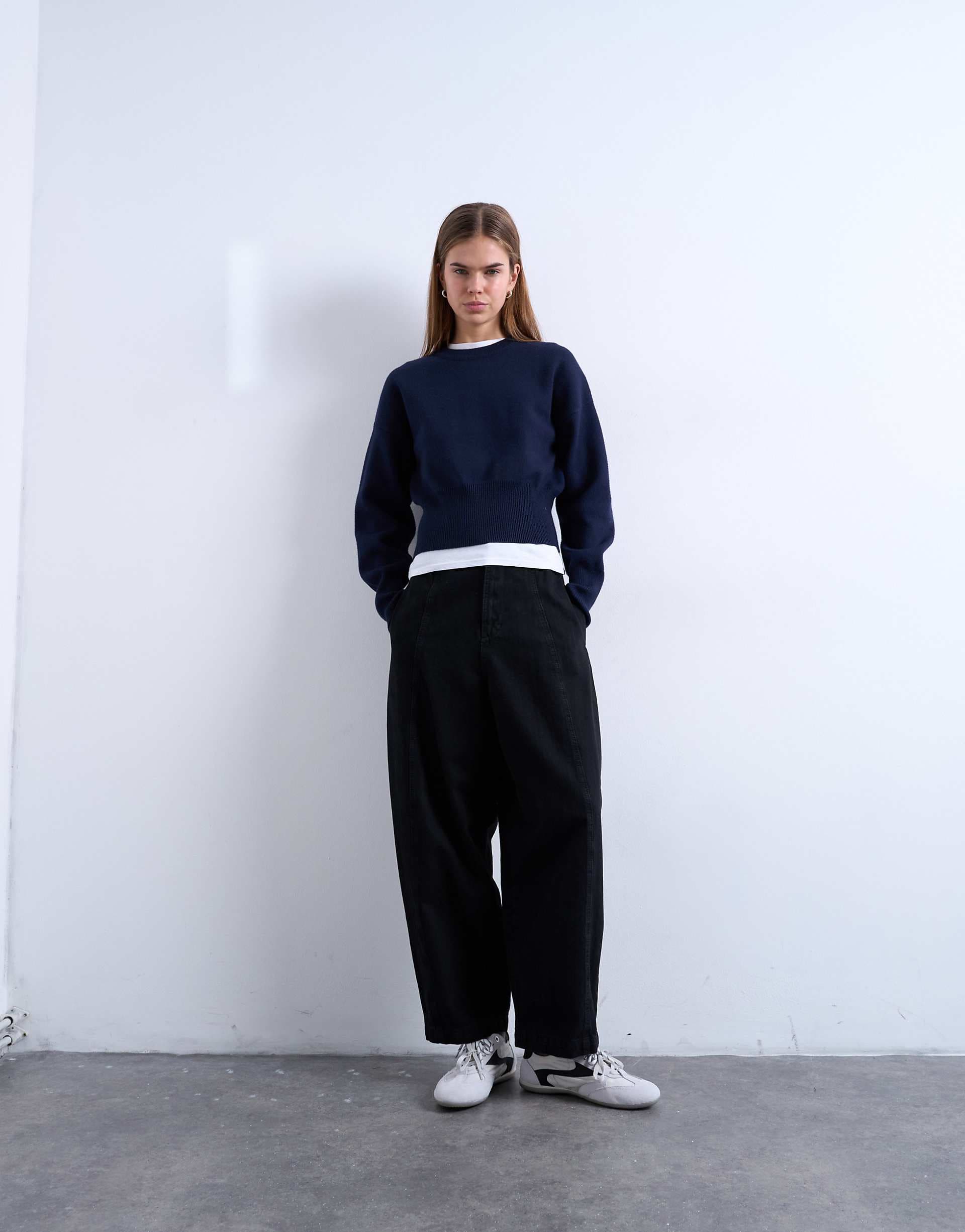 Topshop front seam detailing balloon twill pants in black