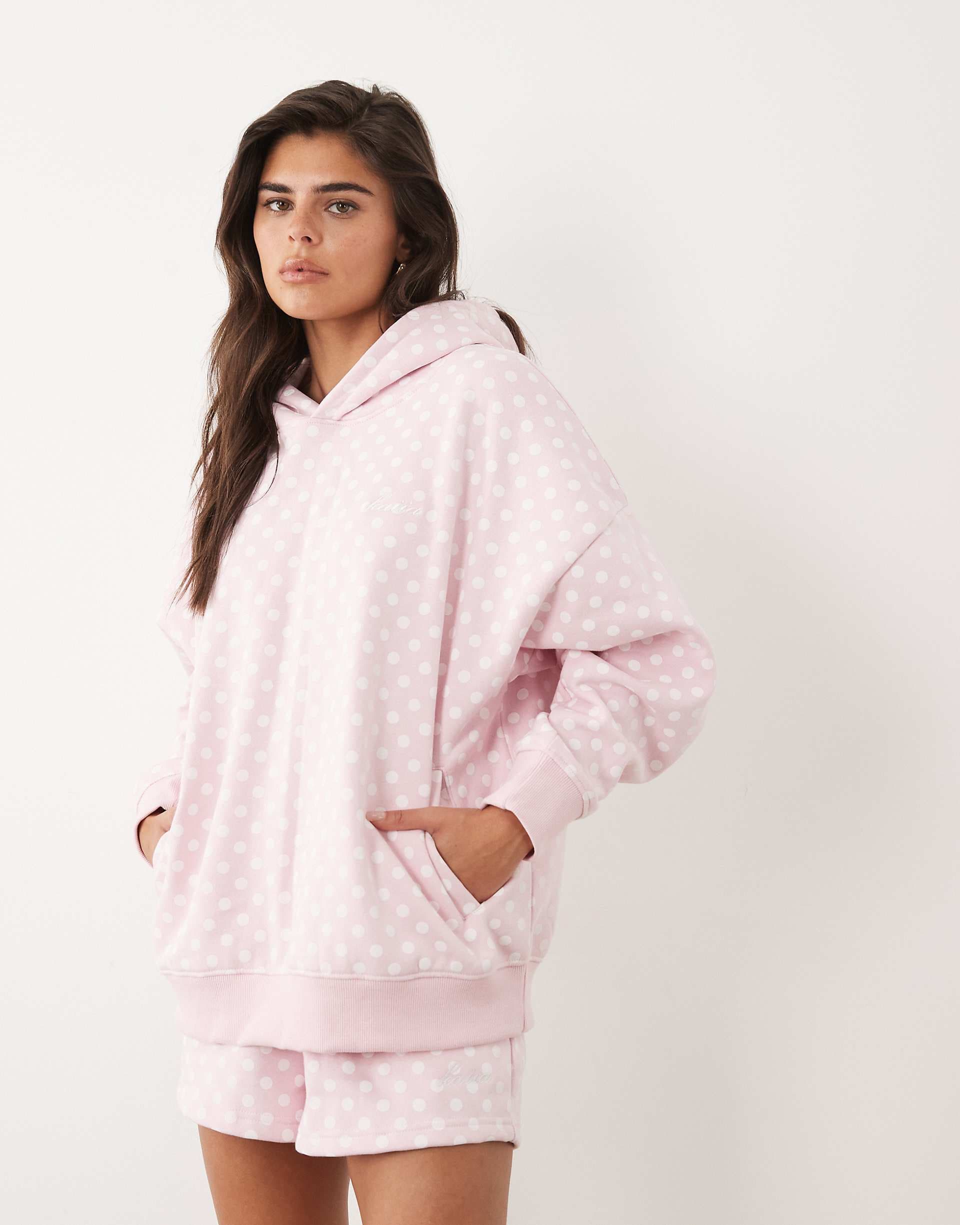 Kaiia cotton rich embroidered logo detail oversized hoodie in baby pink polka dot print - part of a set