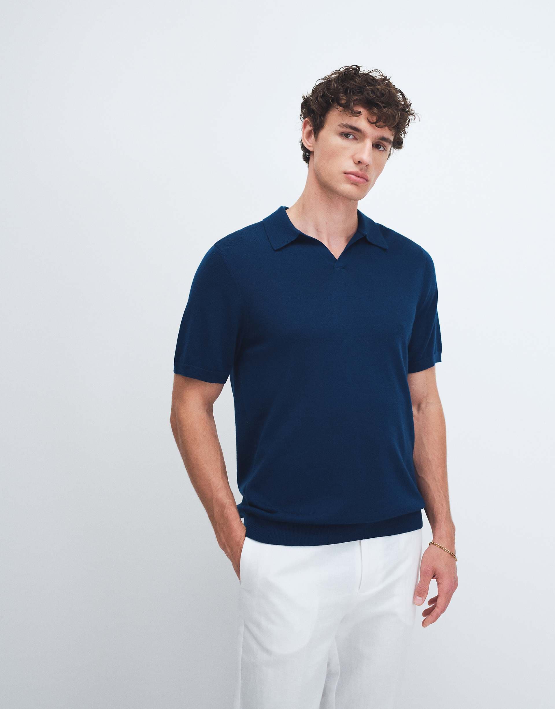 ASOS DESIGN knit pure merino wool notch neck polo shirt in navy