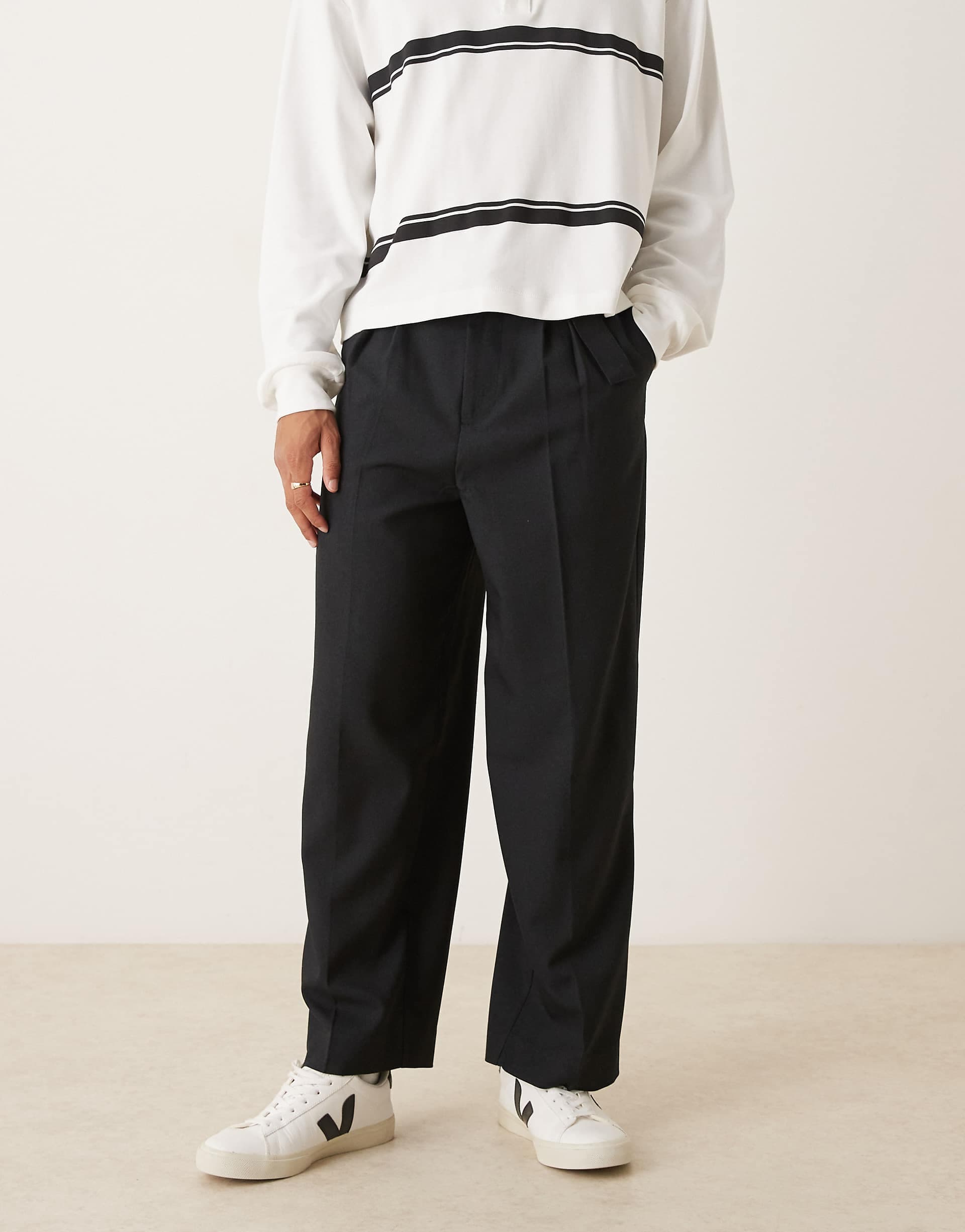 ASOS DESIGN smart wide leg belted pants with front pleat in black
