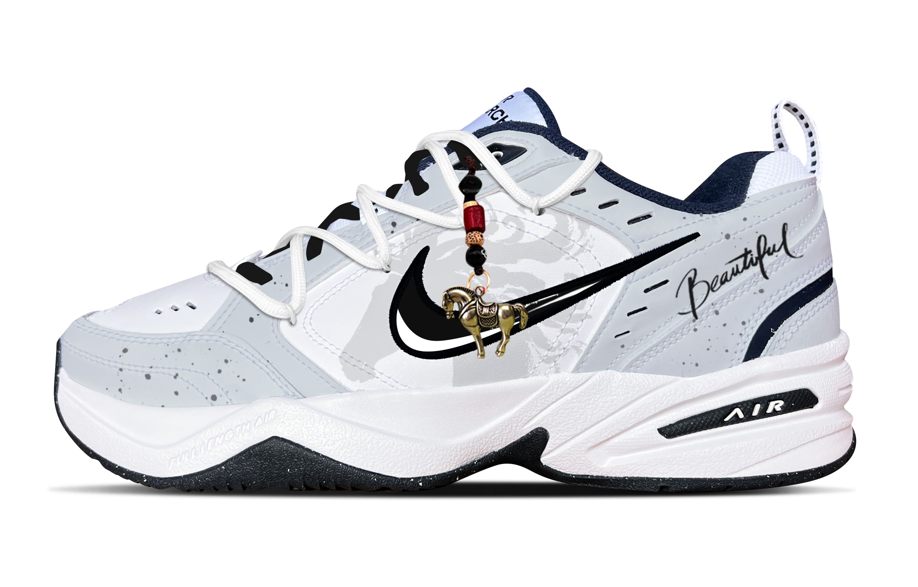 Custom SneakersNike Air Monarch 4 'Galloping Horse' Chinese Zodiac Year of the Horse Lucky Charm Patchwork 2026 Hand-Painted CNY Design Cushioned Wear-Resistant Anti-Slip Low-Top Dad Shoes Unisex Grey