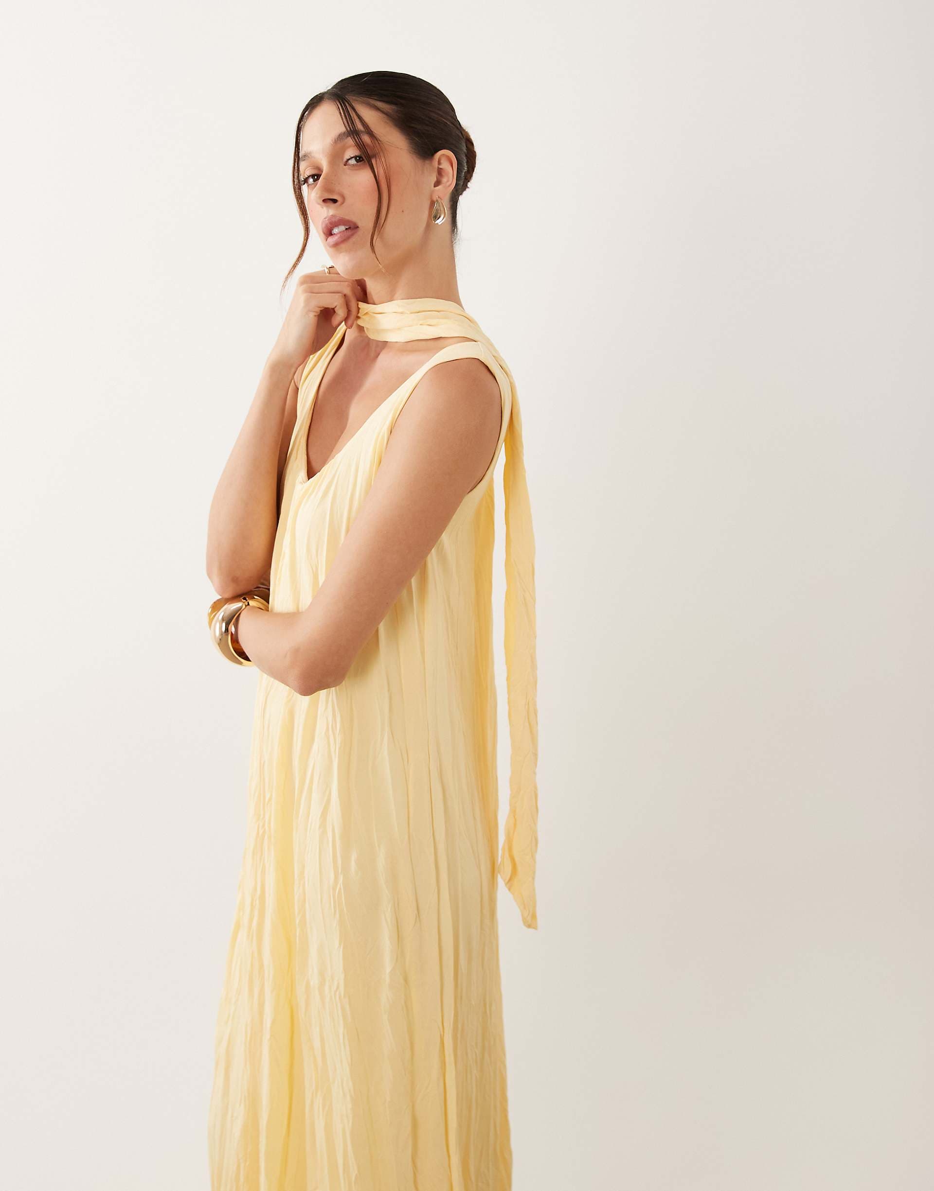 ASOS DESIGN crinkle scoop neck maxi dress with scarf detail in yellow