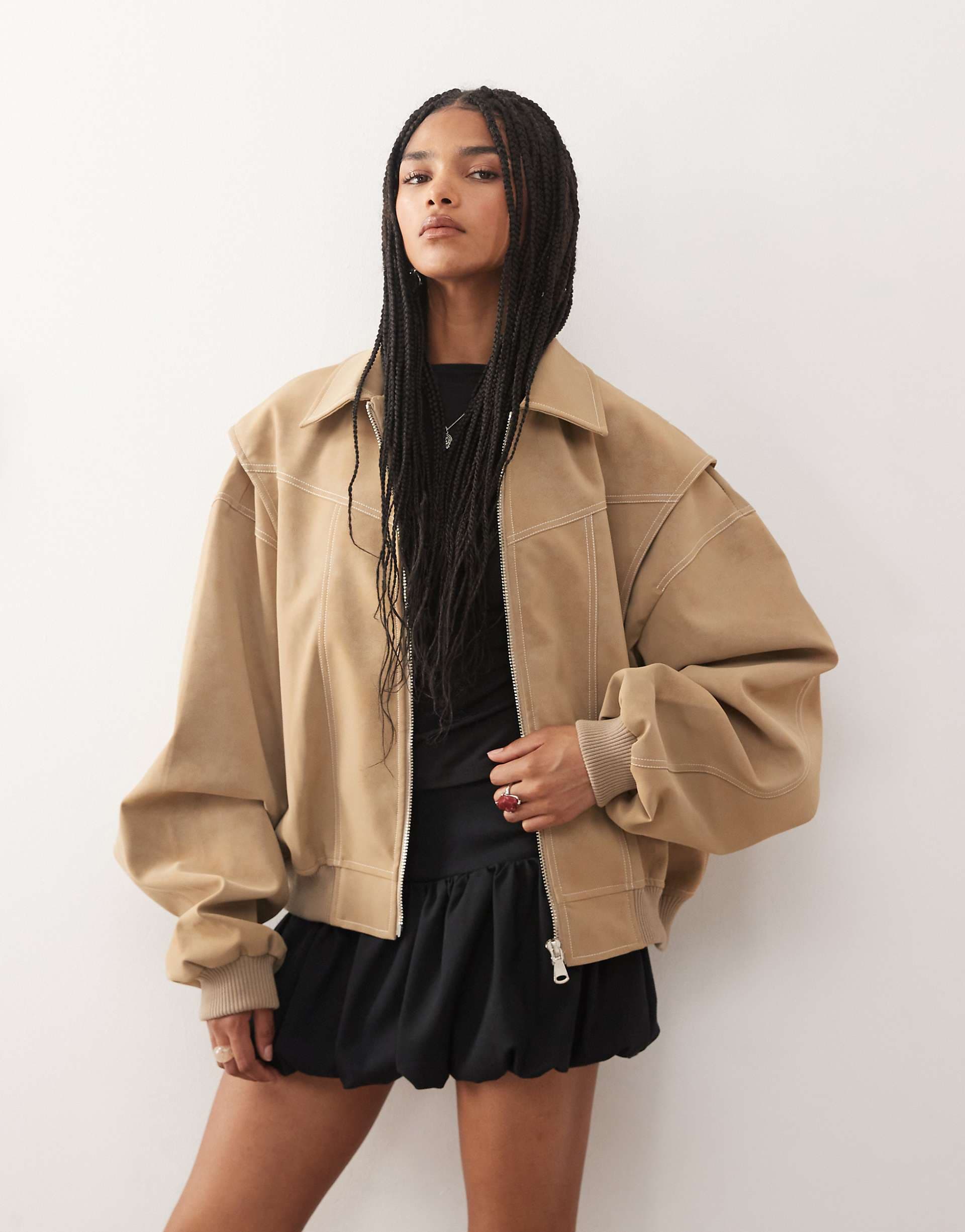 Lioness Exclusive Vista leather look contrast stitch bomber jacket in taupe