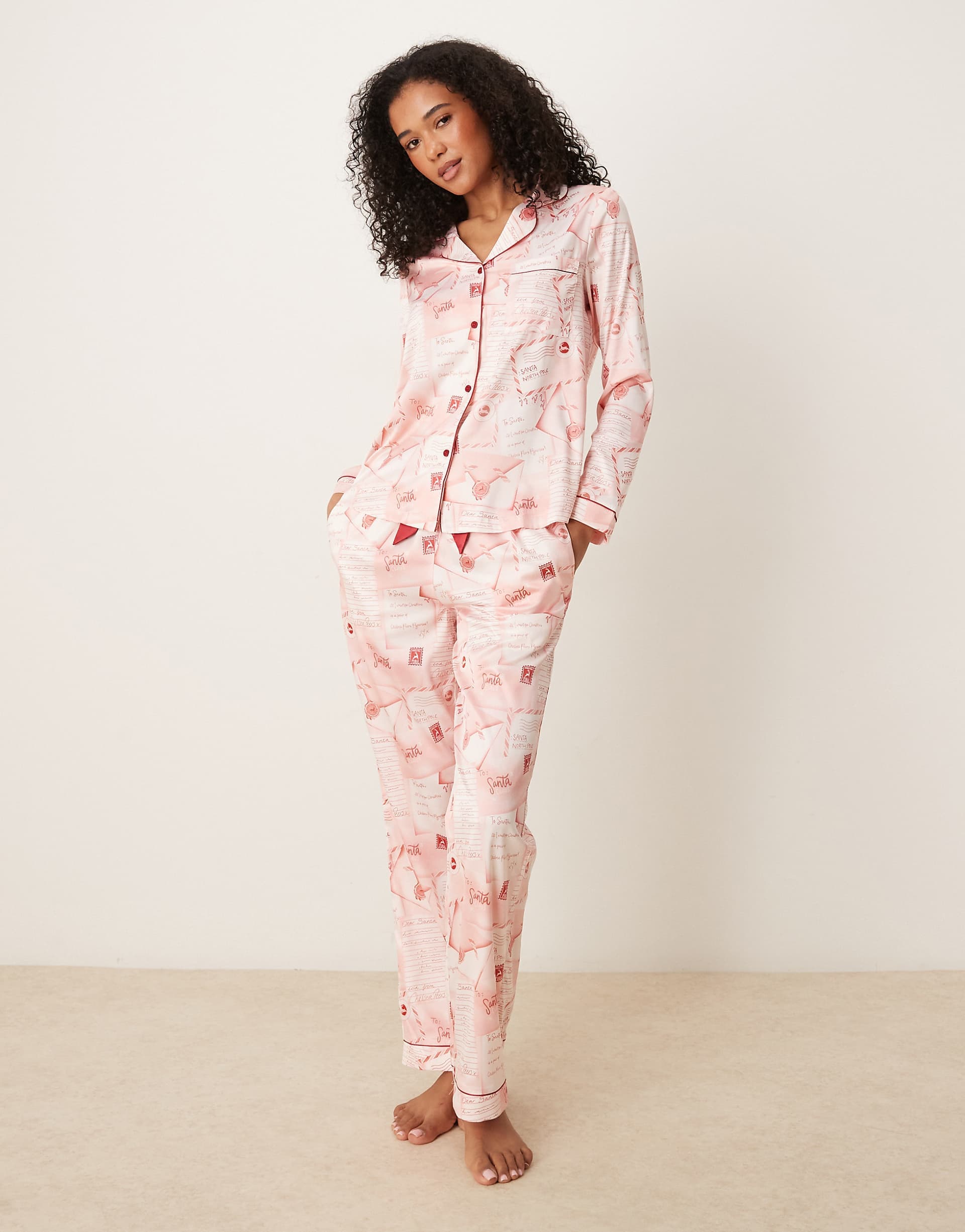 Chelsea Peers satin long sleeve camp collar pajama set in letter to santa print