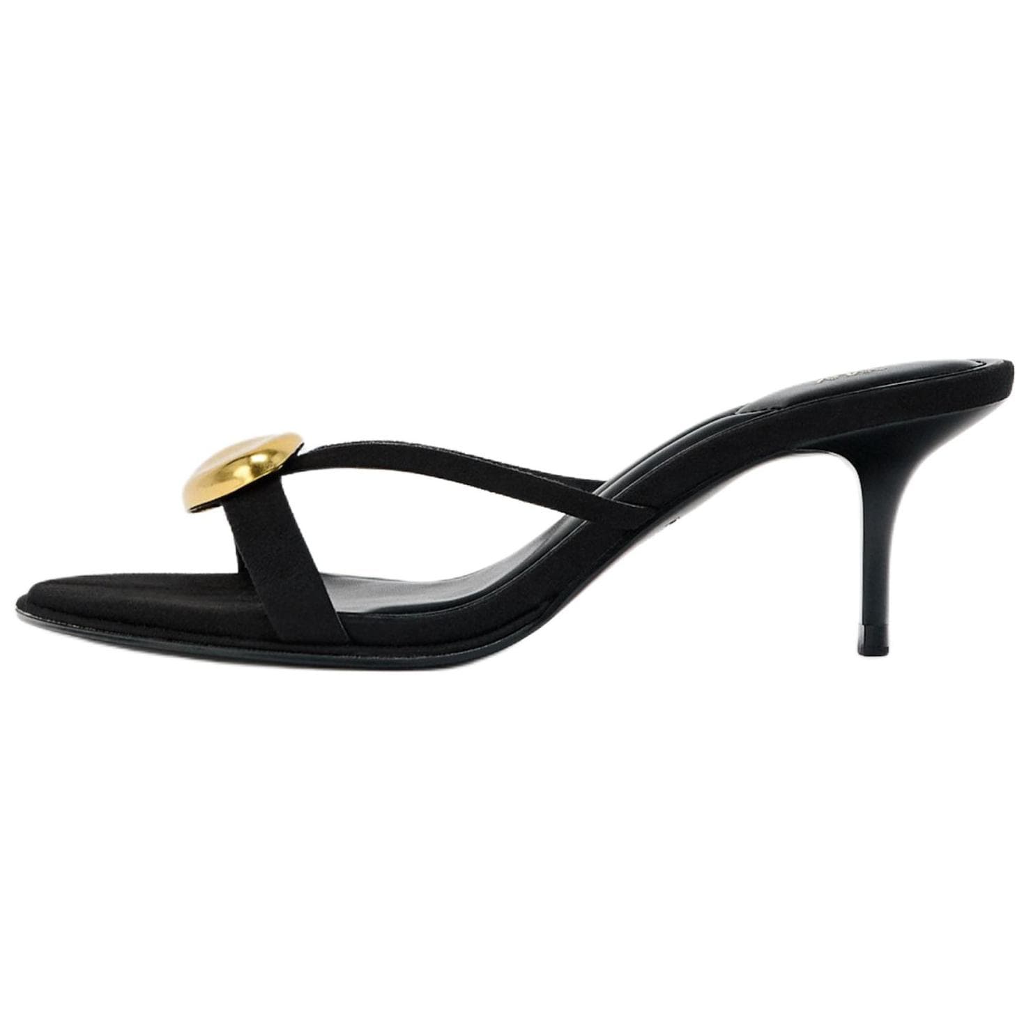 ZARA Elegant Fashion High Heel Metal Detail Decorated Round Toe Mule Sandals Women's Black