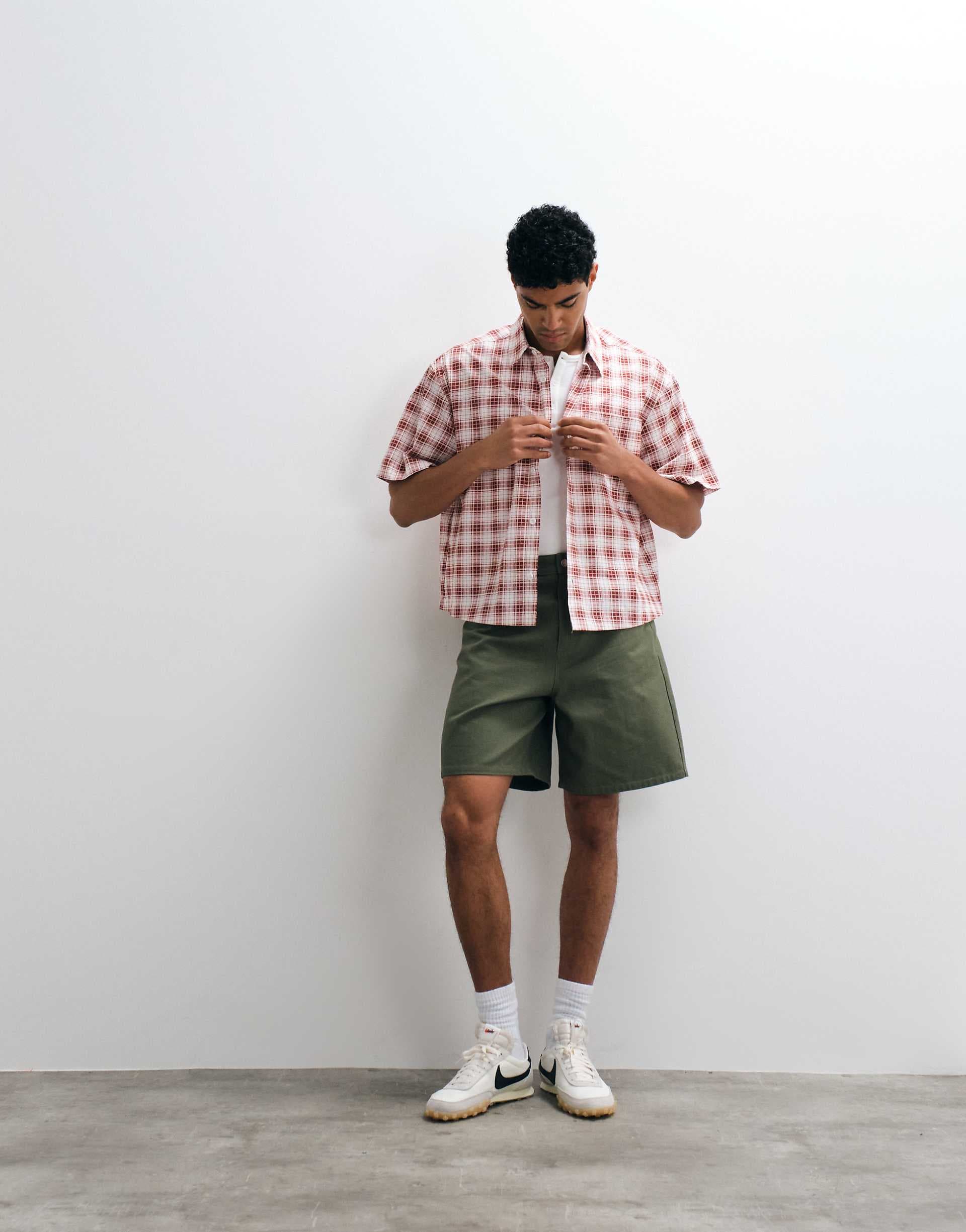 ASOS DESIGN boxy oversized micro plaid shirt with chest print in red