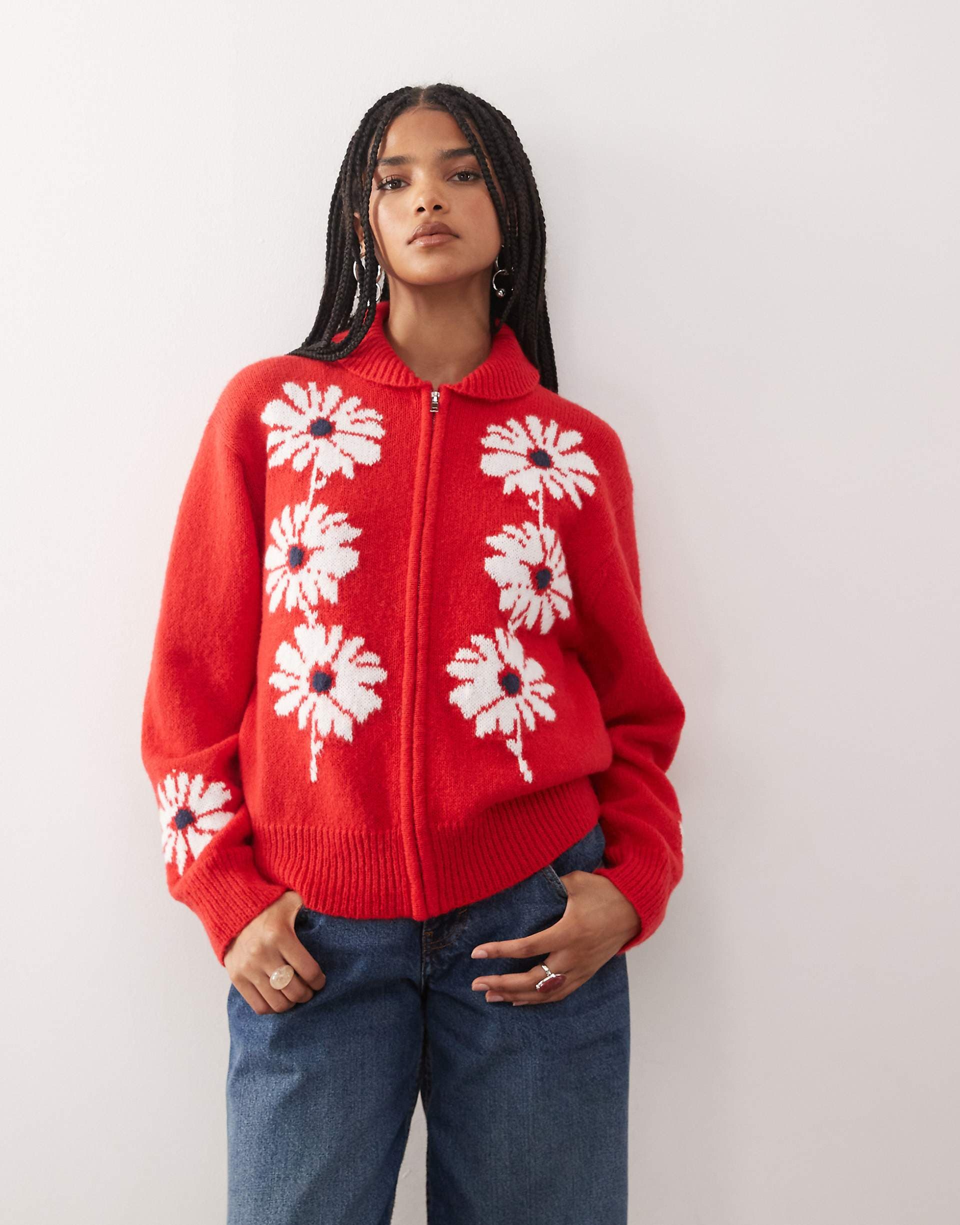 Reclaimed Vintage knit zip up cardigan with flower detail in cherry red