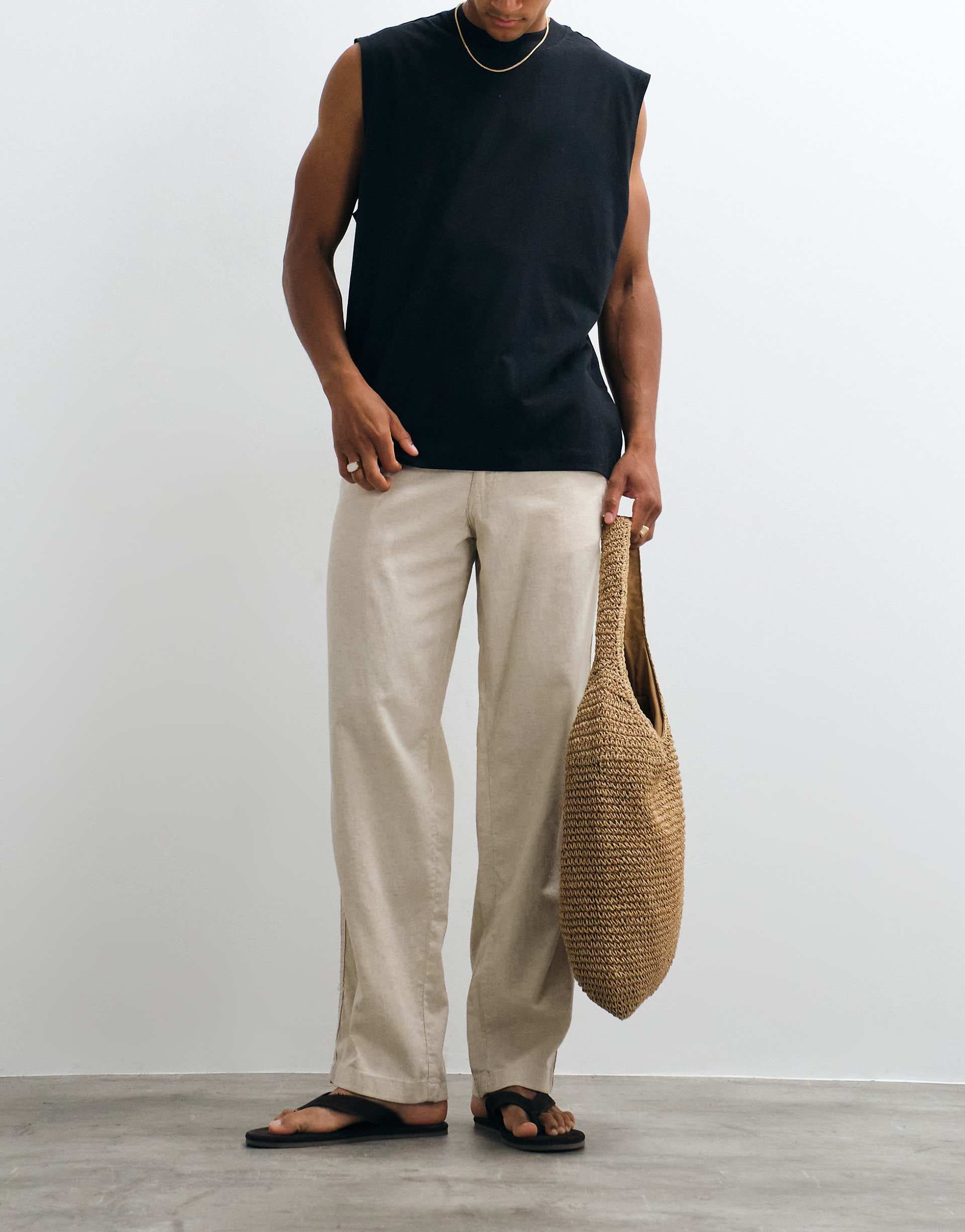 Jack & Jones linen mix pants with drawstring in beige