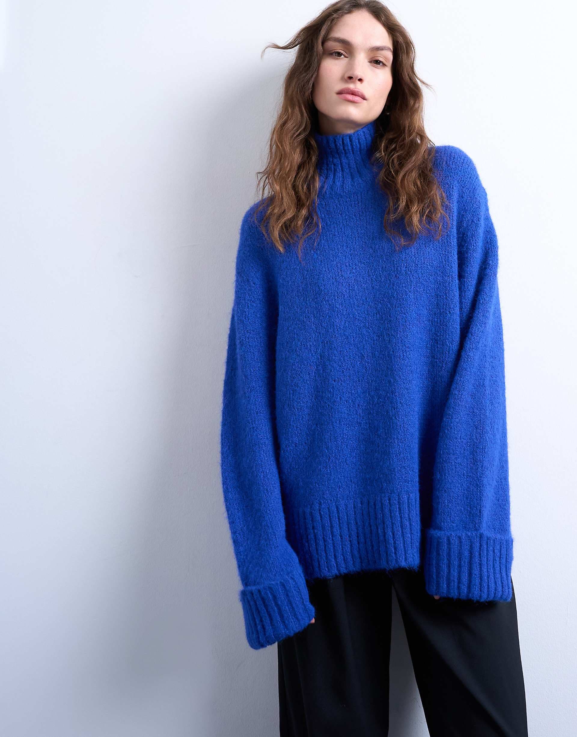 Topshop oversized high neck longline knit sweater with neck detail in blue