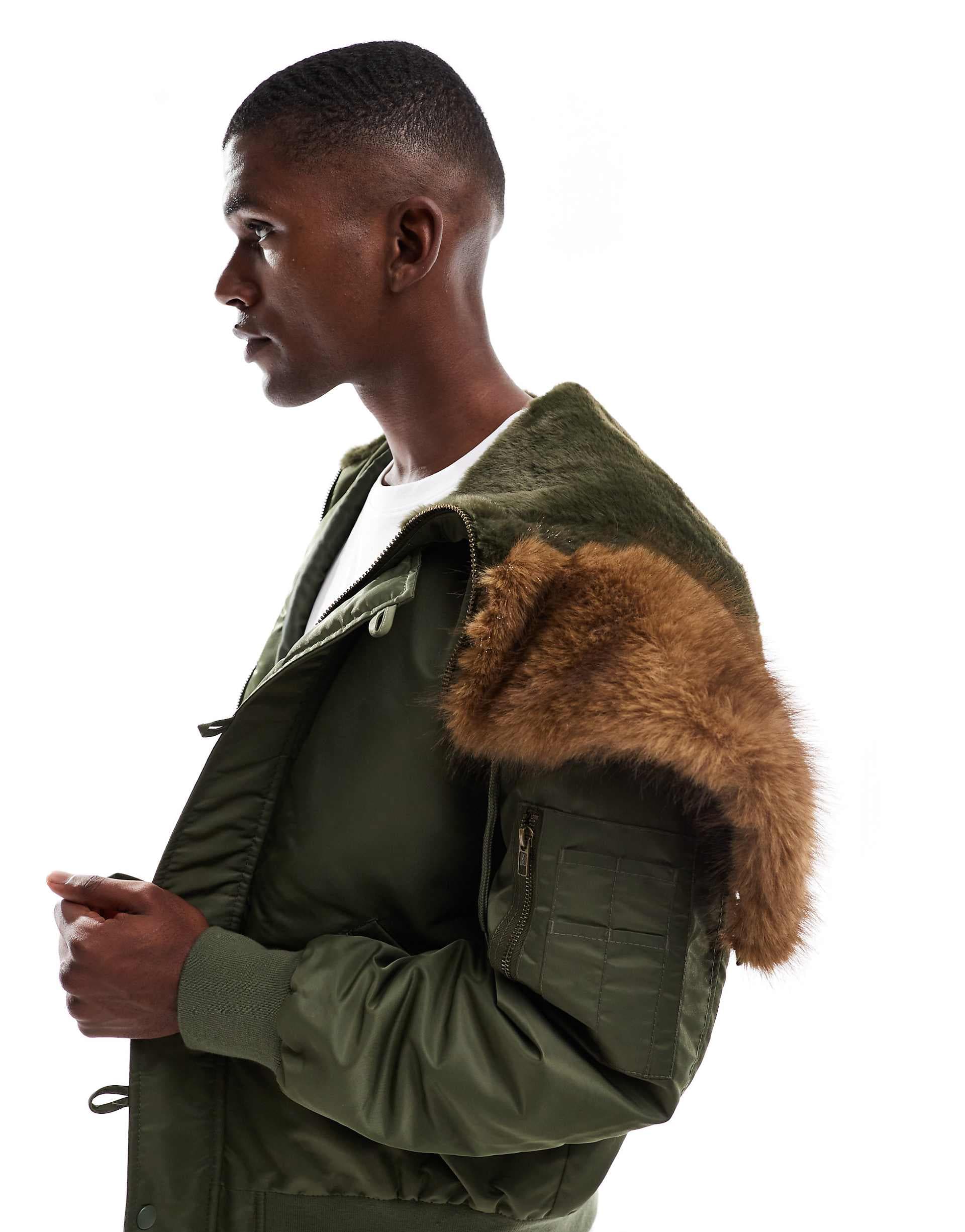 ASOS DESIGN oversized MA1 bomber jacket with faux fur hood in khaki