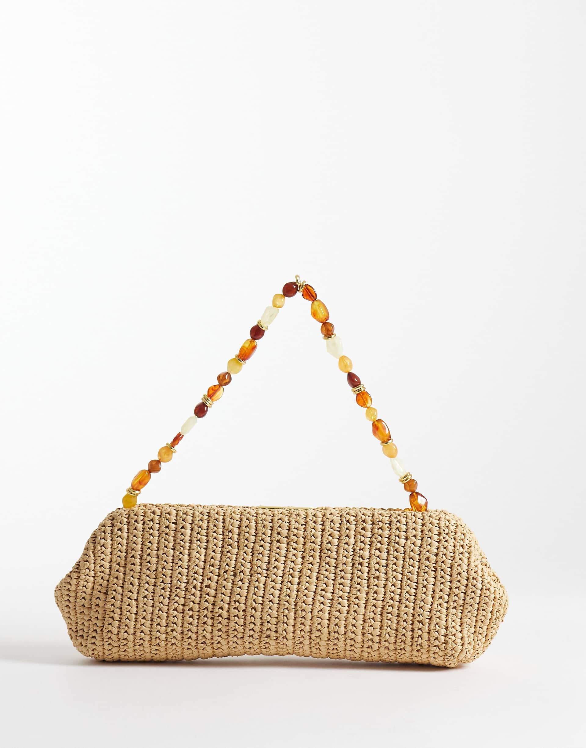 Mango raffia shoulder bag with beaded strap in beige