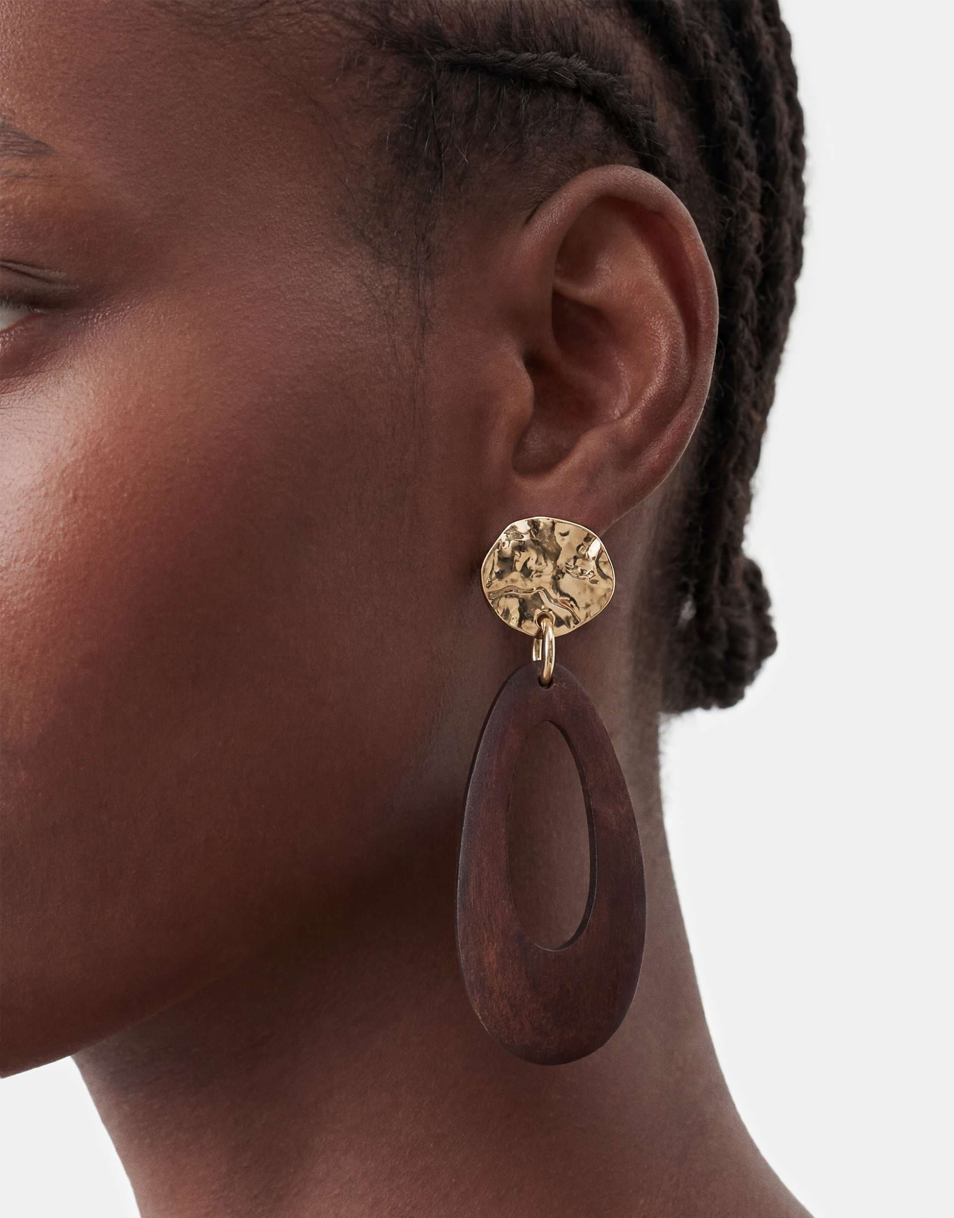 DesignB London wood drop earrings in gold