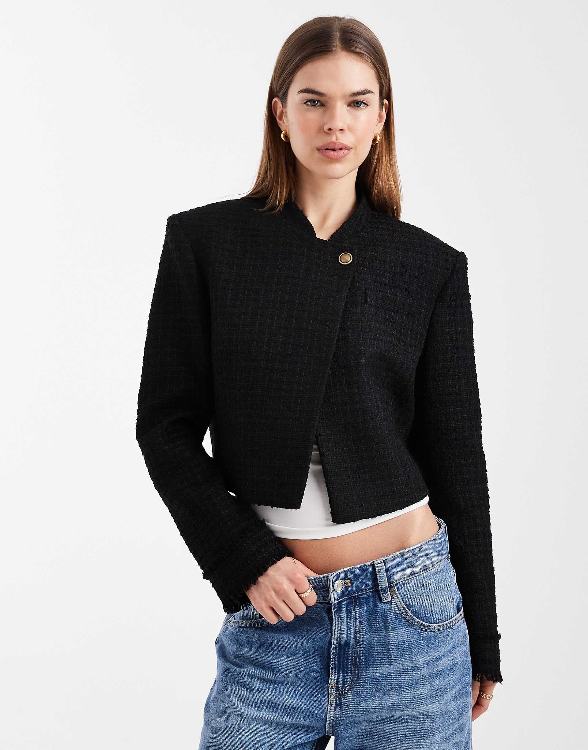 ASOS DESIGN wrap lapel cropped blazer in black bouclé