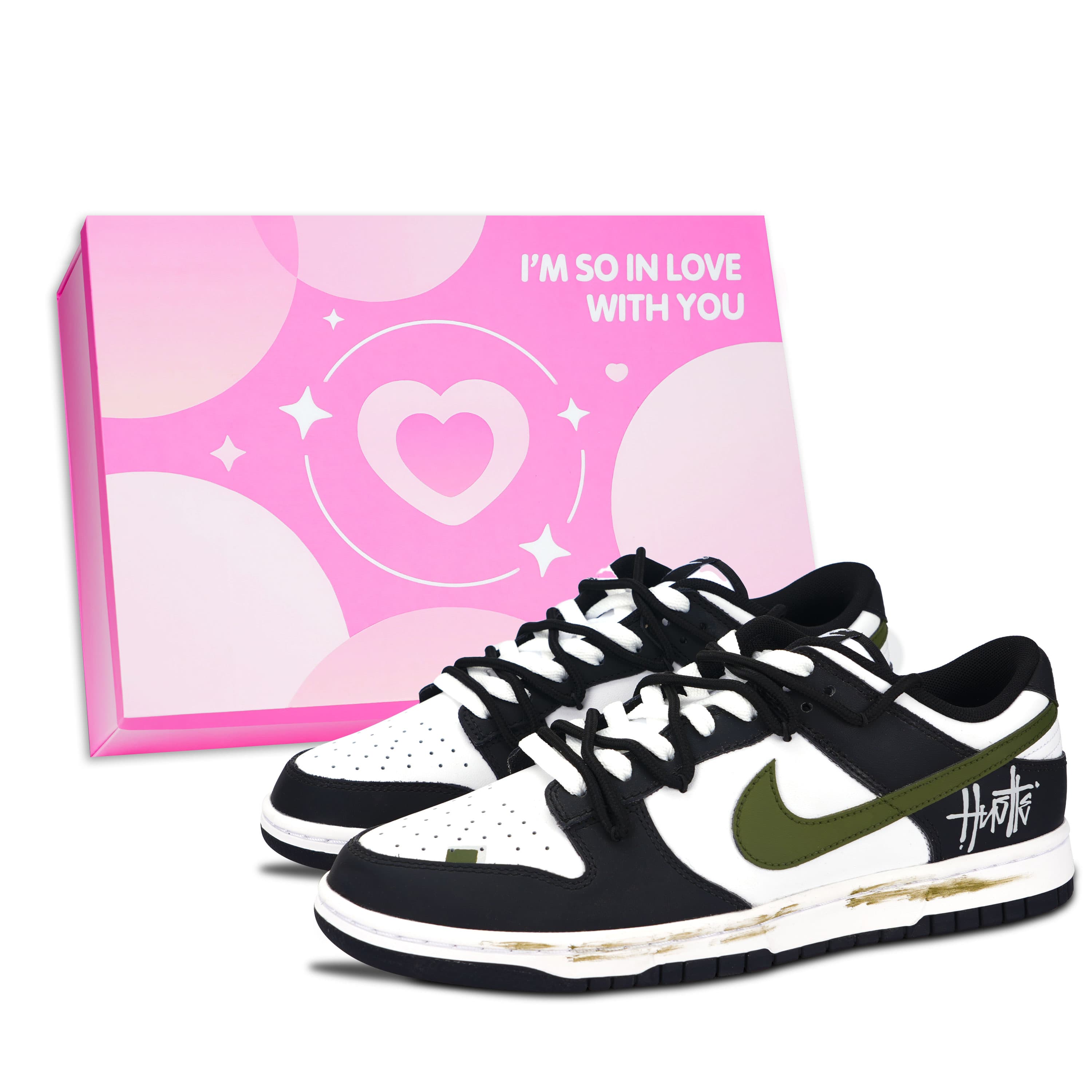 Custom SneakersNike Dunk Black White Panda Letter American 1 Pink Box Retro Street Wear-Resistant Low-Top Skate Shoes Unisex Black Green