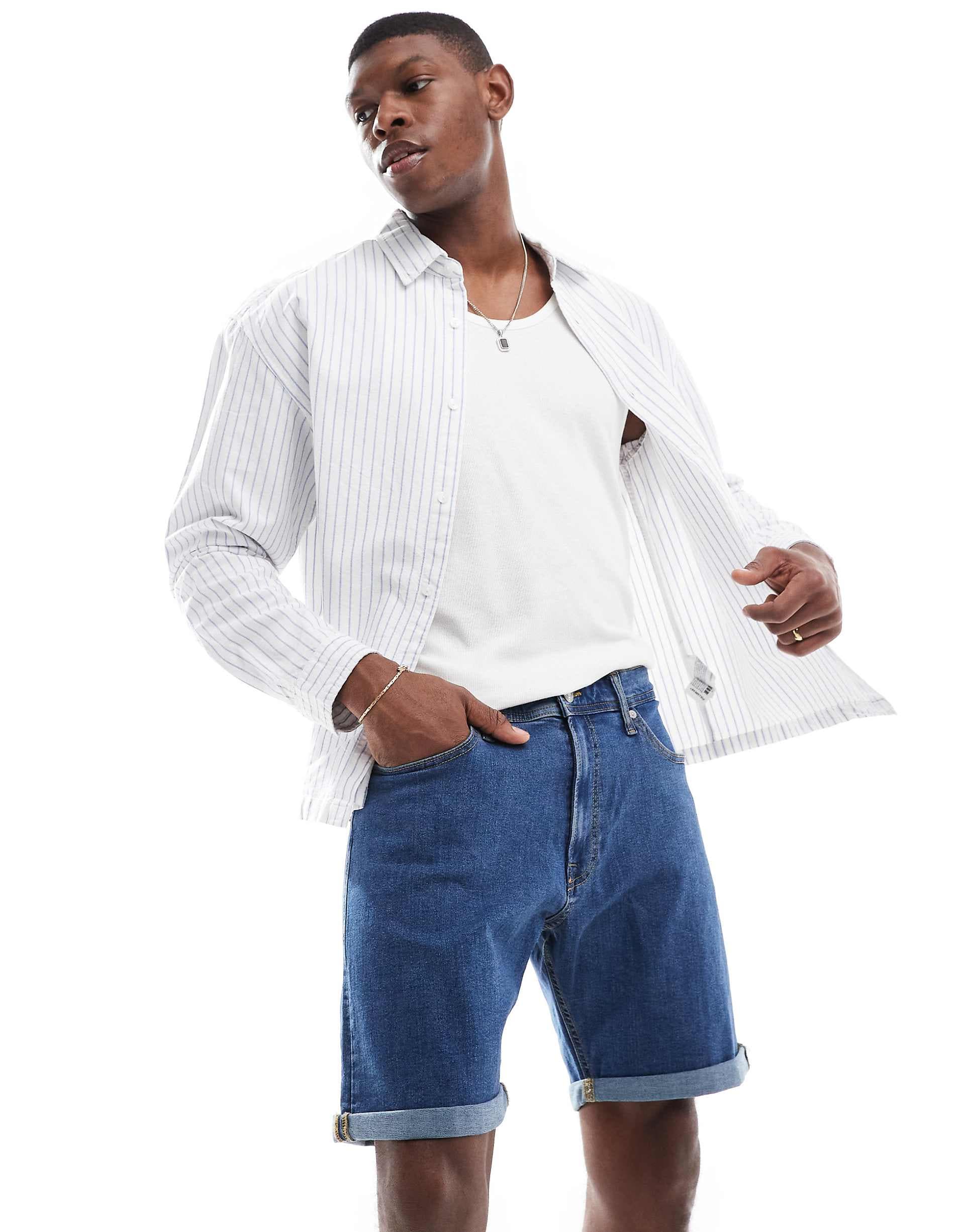 JJ Rebel turn up denim shorts in mid blue denim