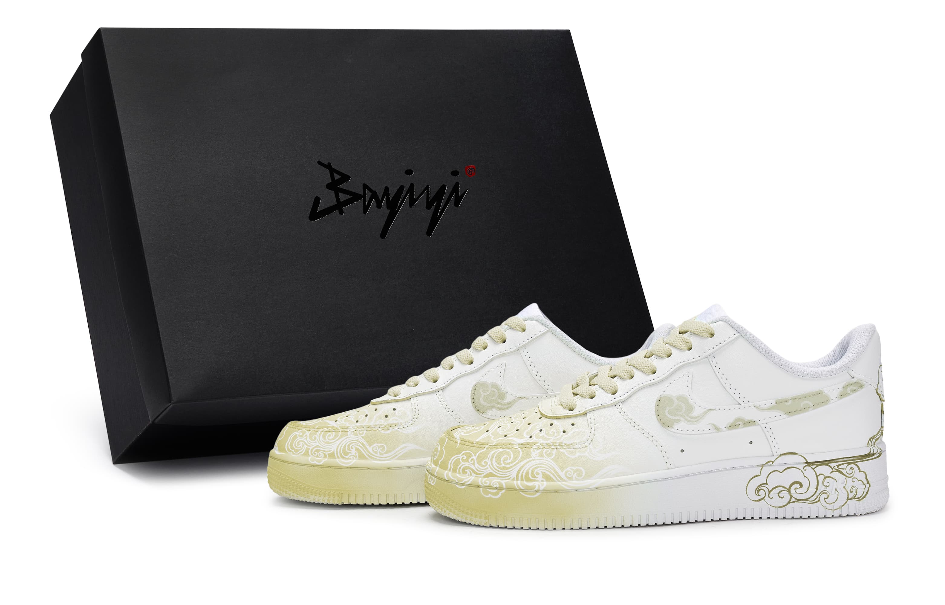 Custom Sneakers Nike Air Force 1 811 Made Cloud Wave Sumi Yellow Special Box Auspicious Clouds Waves Slip-Resistant Low-Top Skate Shoes Unisex White Beige