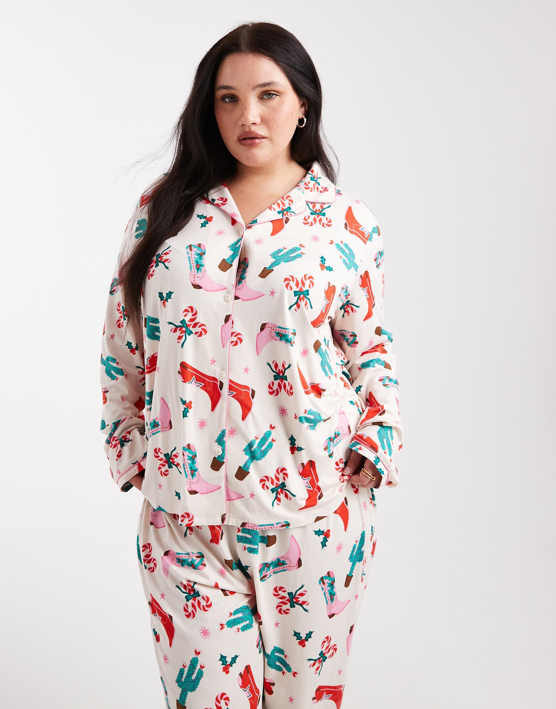 Urban Threads Curve holiday long sleeve camp collar shirt and pants pajama set in cowboy print