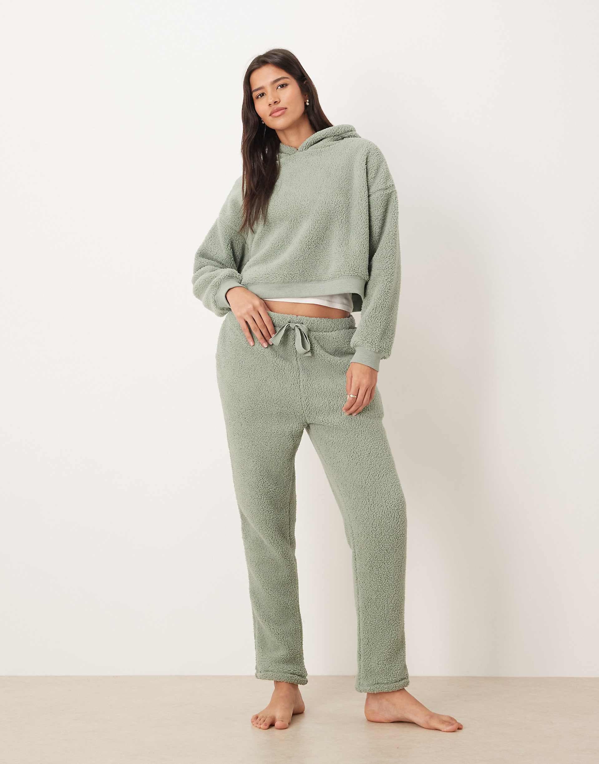 ASOS DESIGN lounge cuddle cropped hoodie & tapered leg pants set in light green