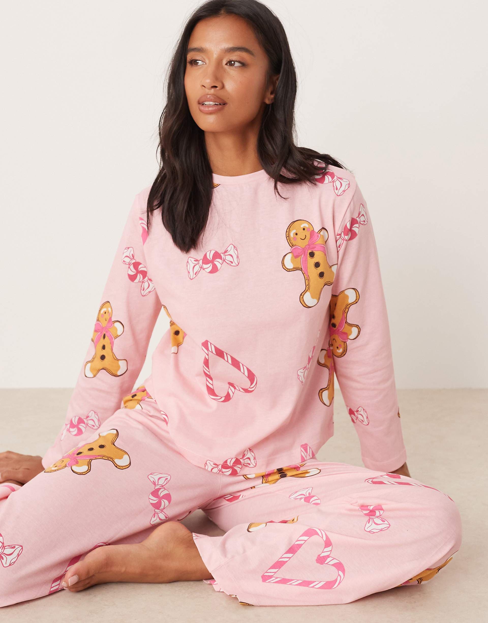 ASOS DESIGN Petite gingerbread & candy cane long sleeve top & pants pajama set in pink heather