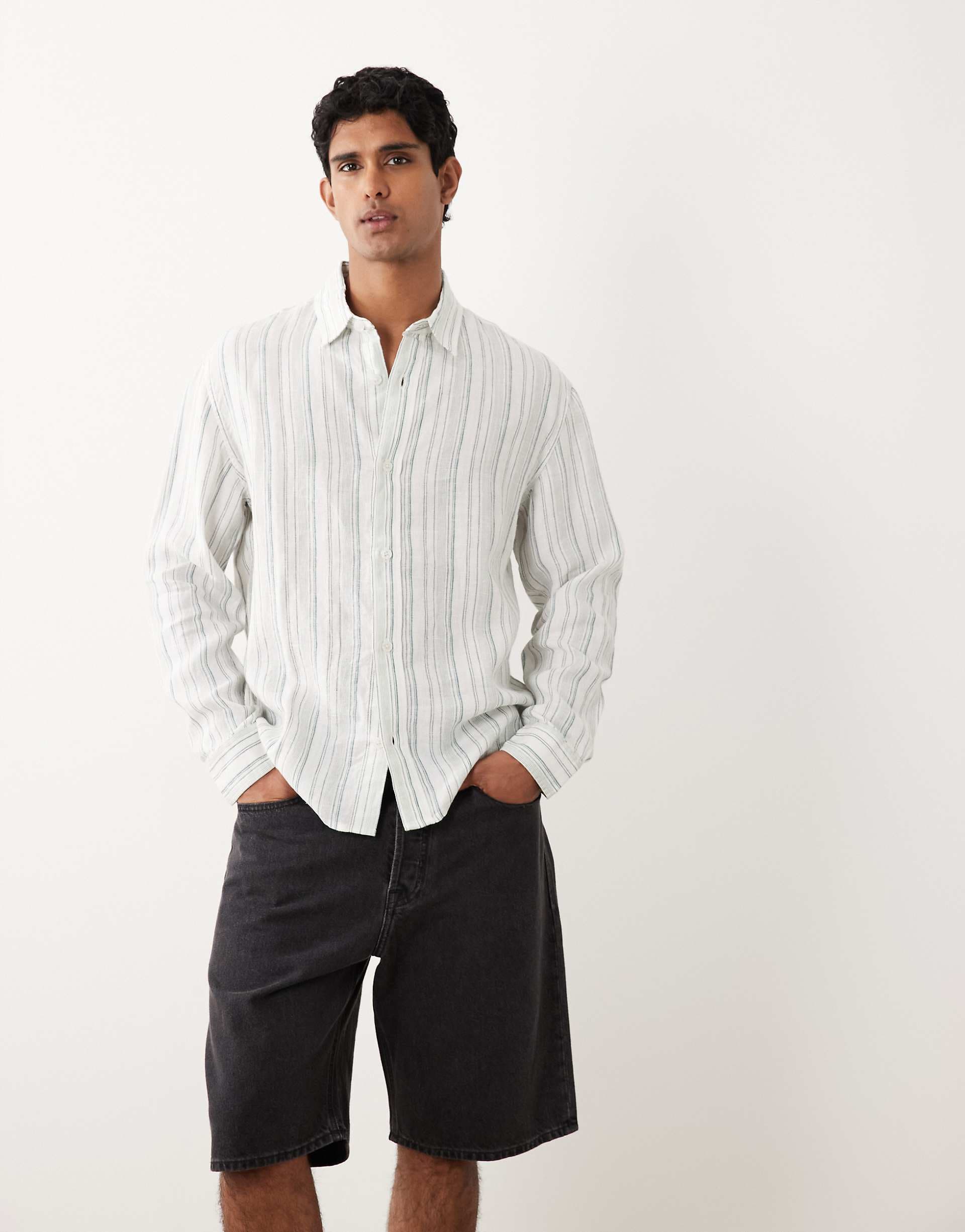 Abercrombie & Fitch 100% linen shirt in green and white stripe
