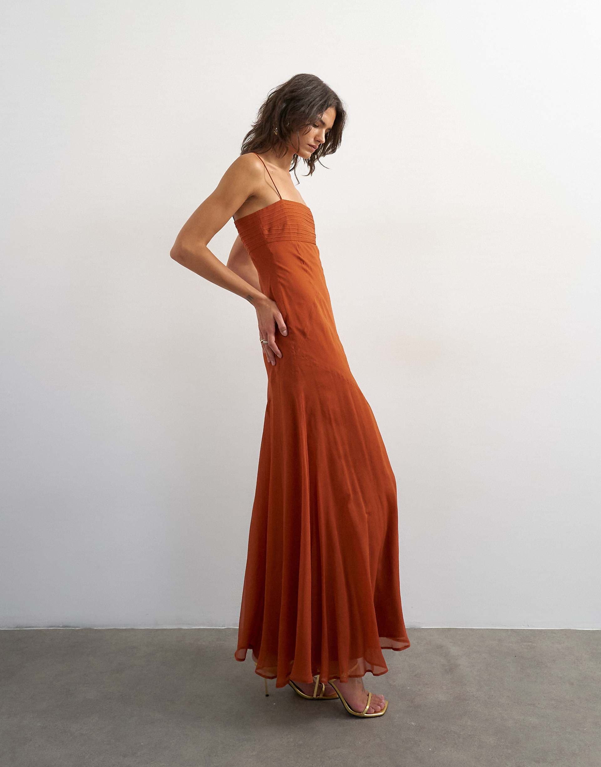 Topshop pintucked bust chiffon maxi dress in rust